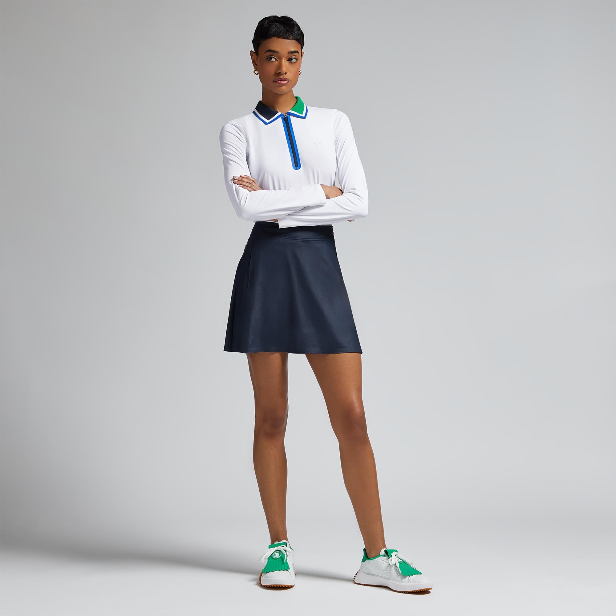 G/FORE Colour Block Silky Tech Nylon Ladies Long Sleeve Golf Polo Shirt Snow