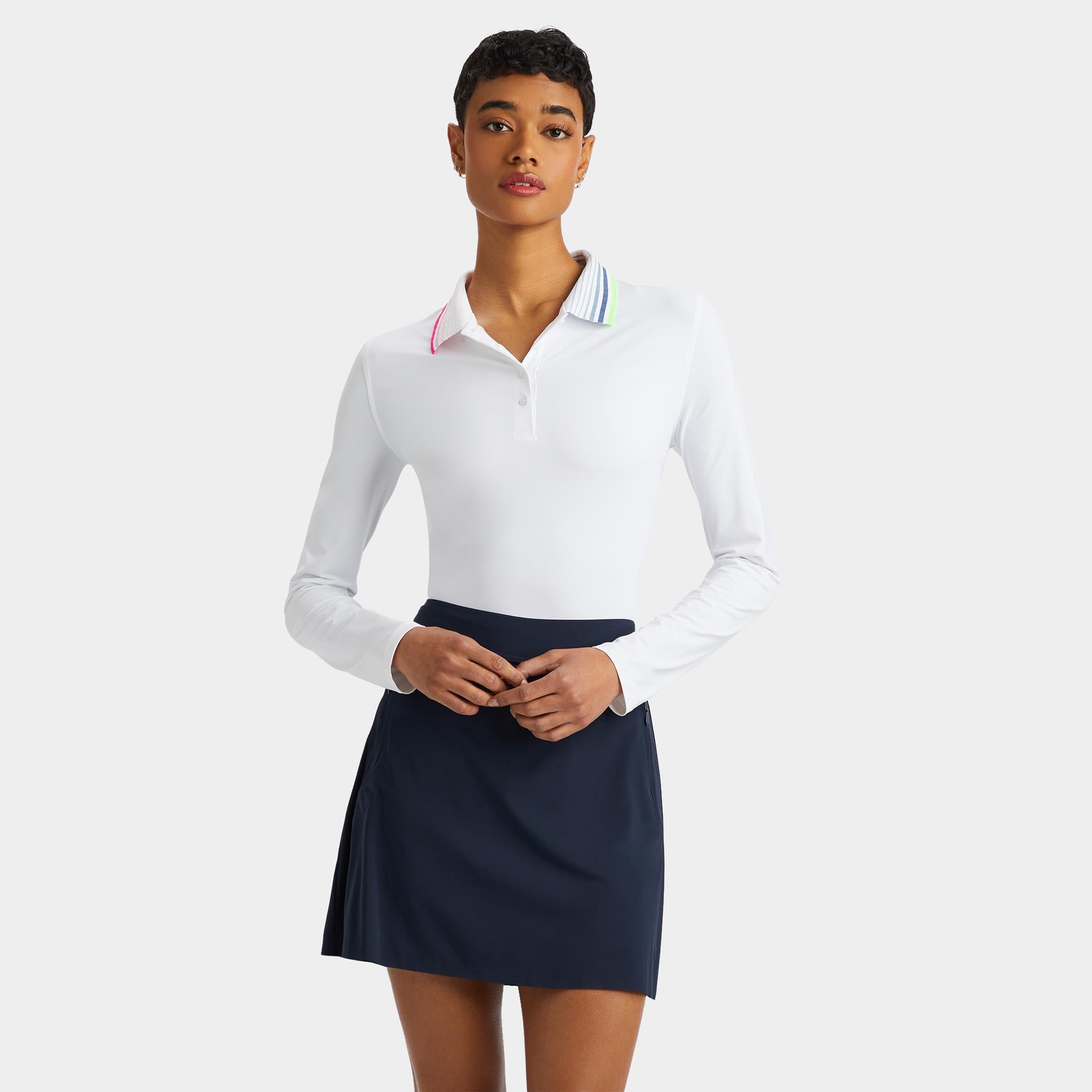 G/FORE Rib Pleated Contrast Collar Cooling Nylon Gradient Heart Ladies Long Sleeve Polo Shirt Snow