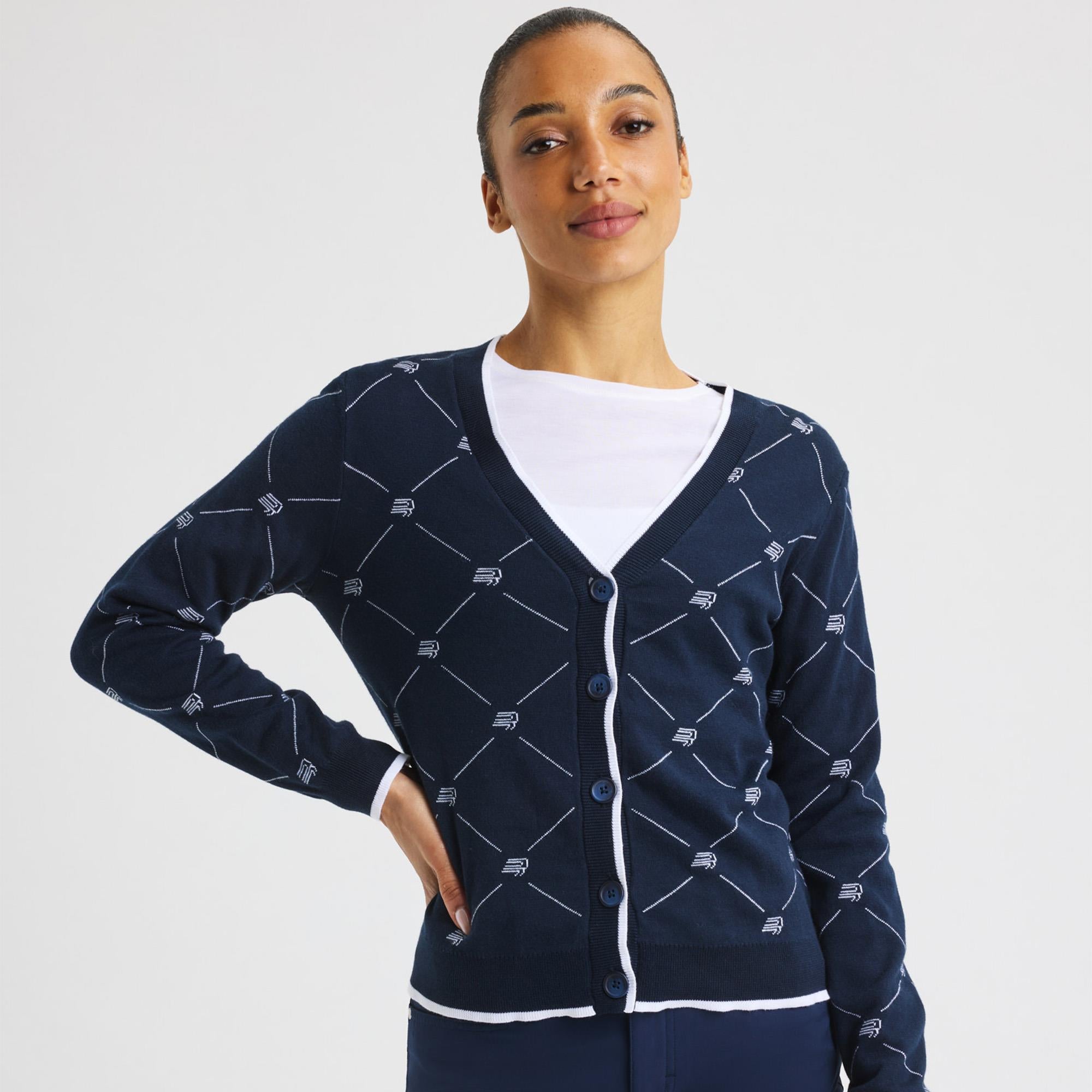 Rohnisch R Logo Ladies Golf Cardigan R Check Navy