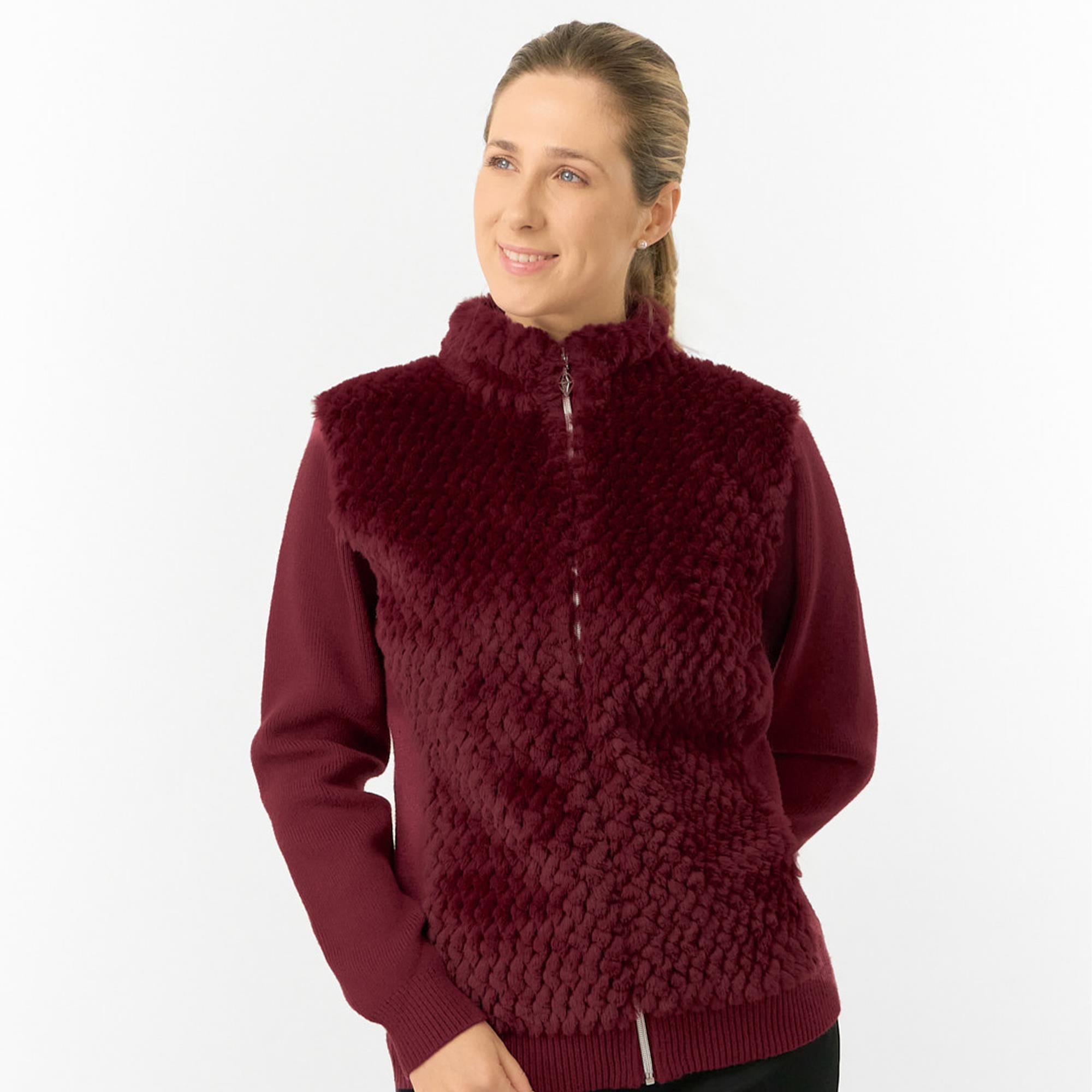 Pure Golf Ellisa Knitted Faux Fir Front Ladies Golf Mid Layer Merlot