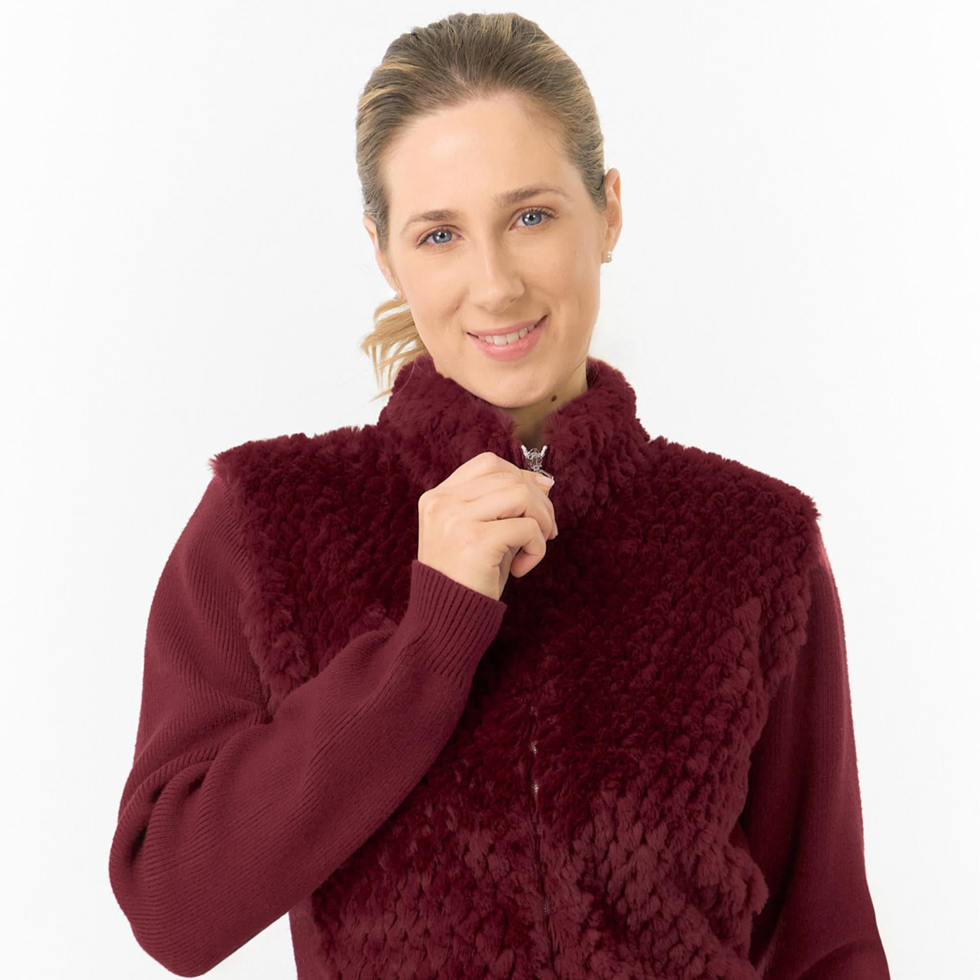 Pure Golf Ellisa Knitted Faux Fir Front Ladies Golf Mid Layer Merlot