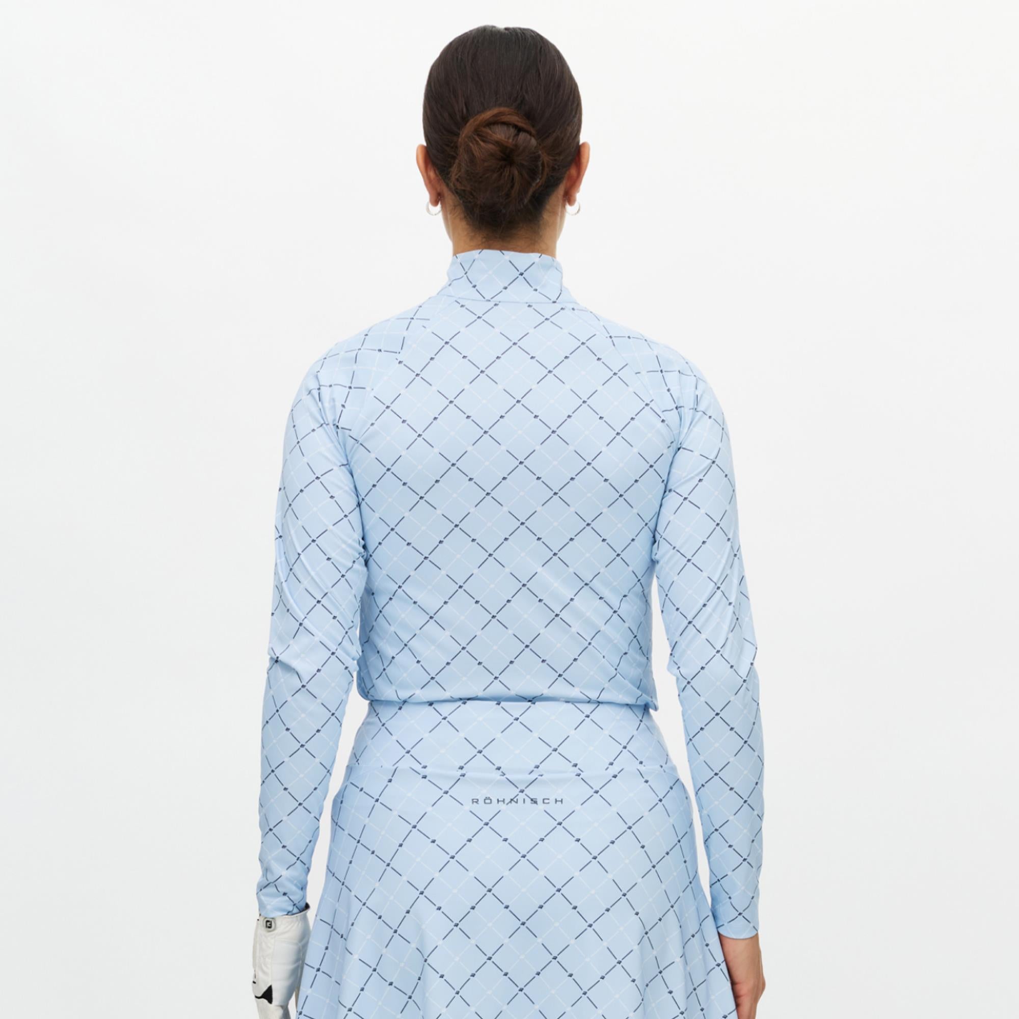 Rohnisch Addy Long Sleeve Ladies Golf Polo Shirt Micro R Check Skyway