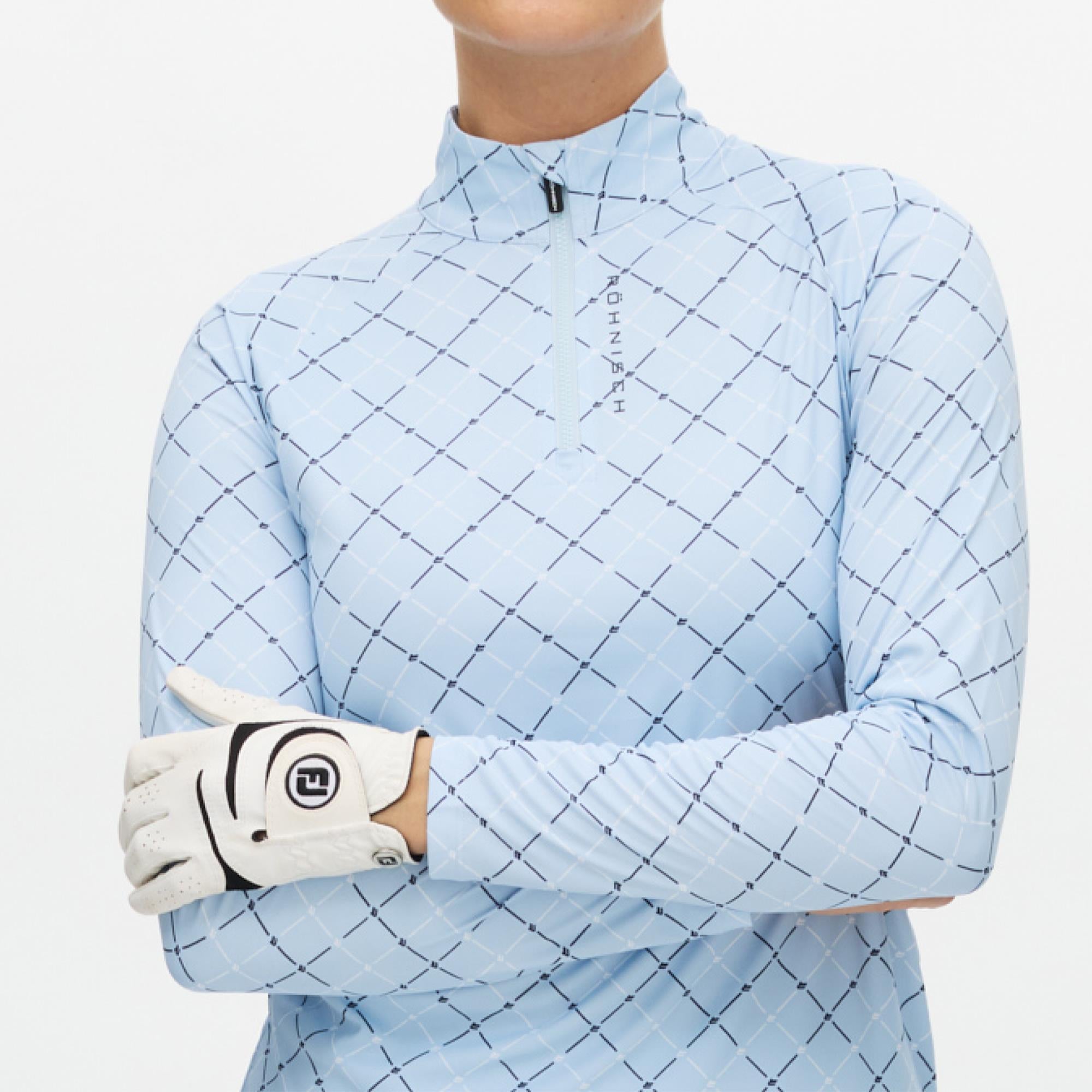 Rohnisch Addy Long Sleeve Ladies Golf Polo Shirt Micro R Check Skyway