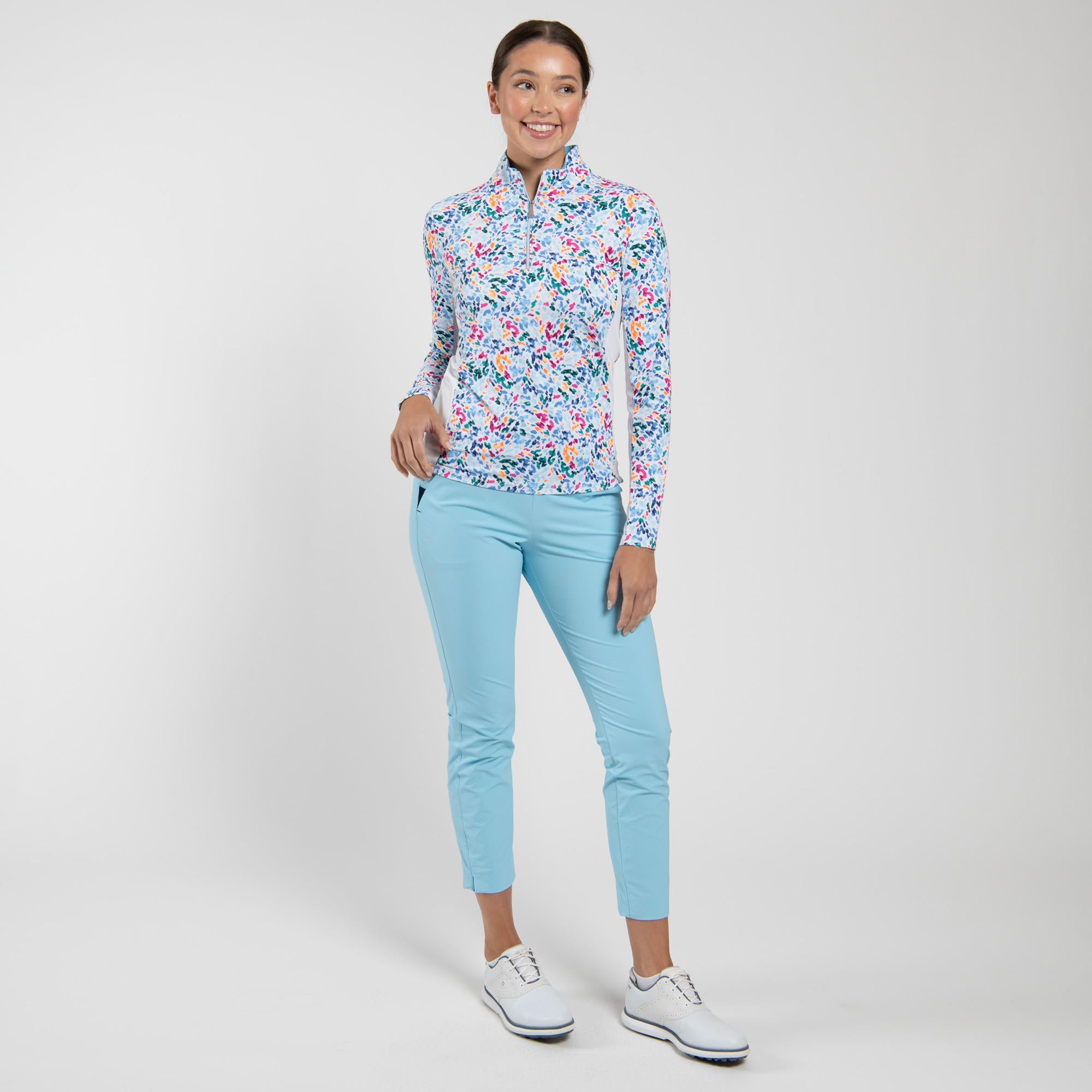 KJUS Sunshine Printed Half Zip Ladies Light Golf Mid Layer Splash White/Poolside