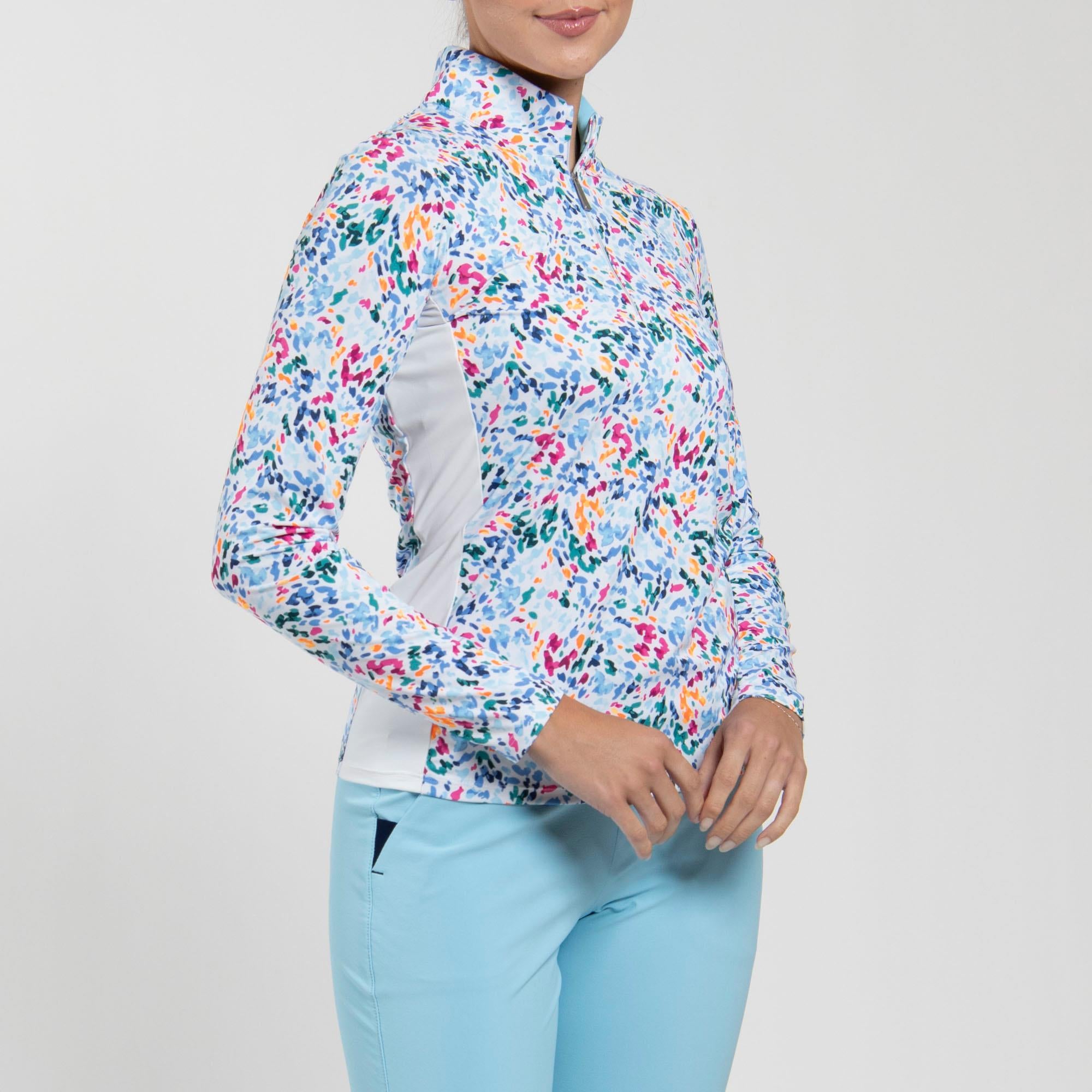 KJUS Sunshine Printed Half Zip Ladies Light Golf Mid Layer Splash White/Poolside
