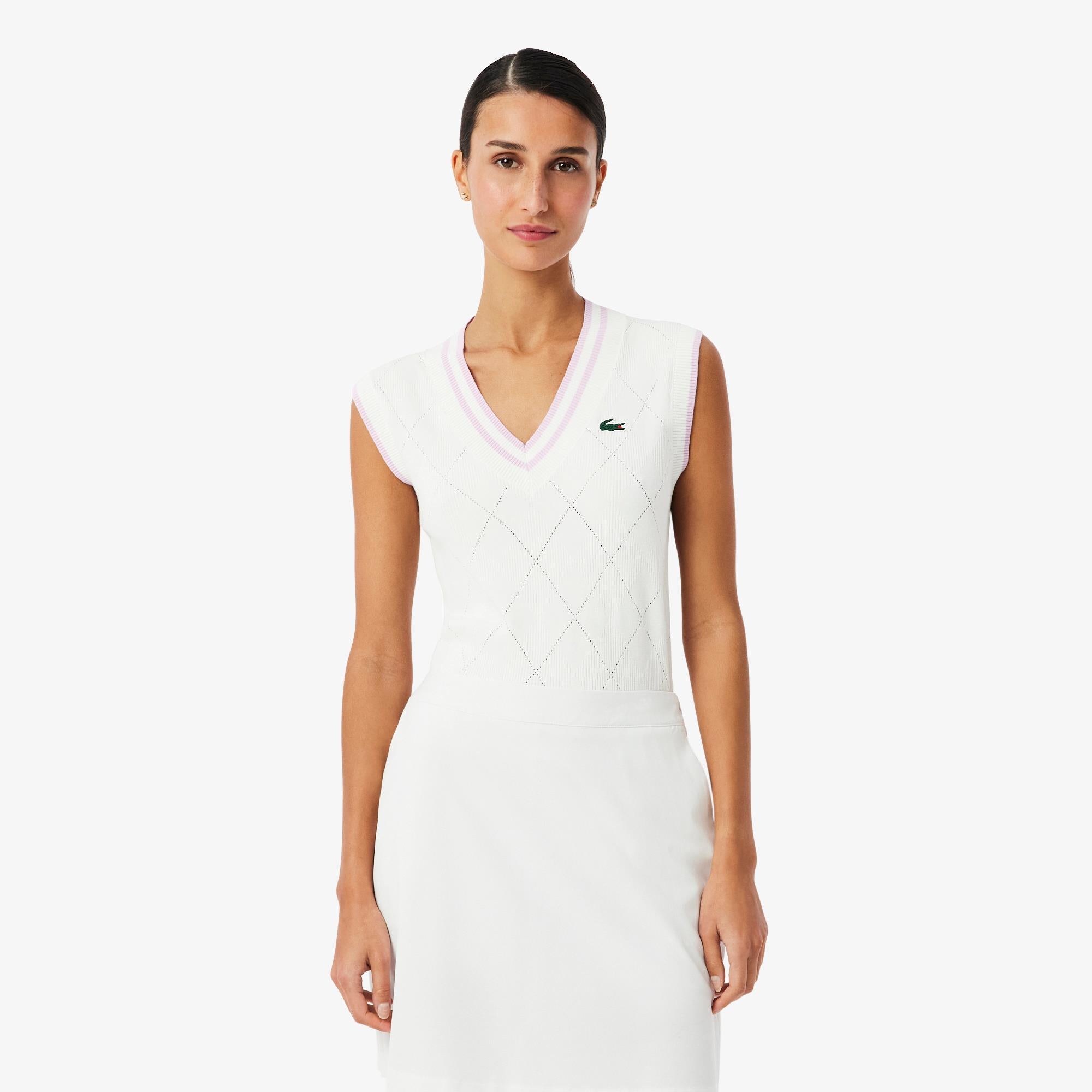 Ladies Lacoste Sleeveless V-Neck Sweater Flour/Albizia