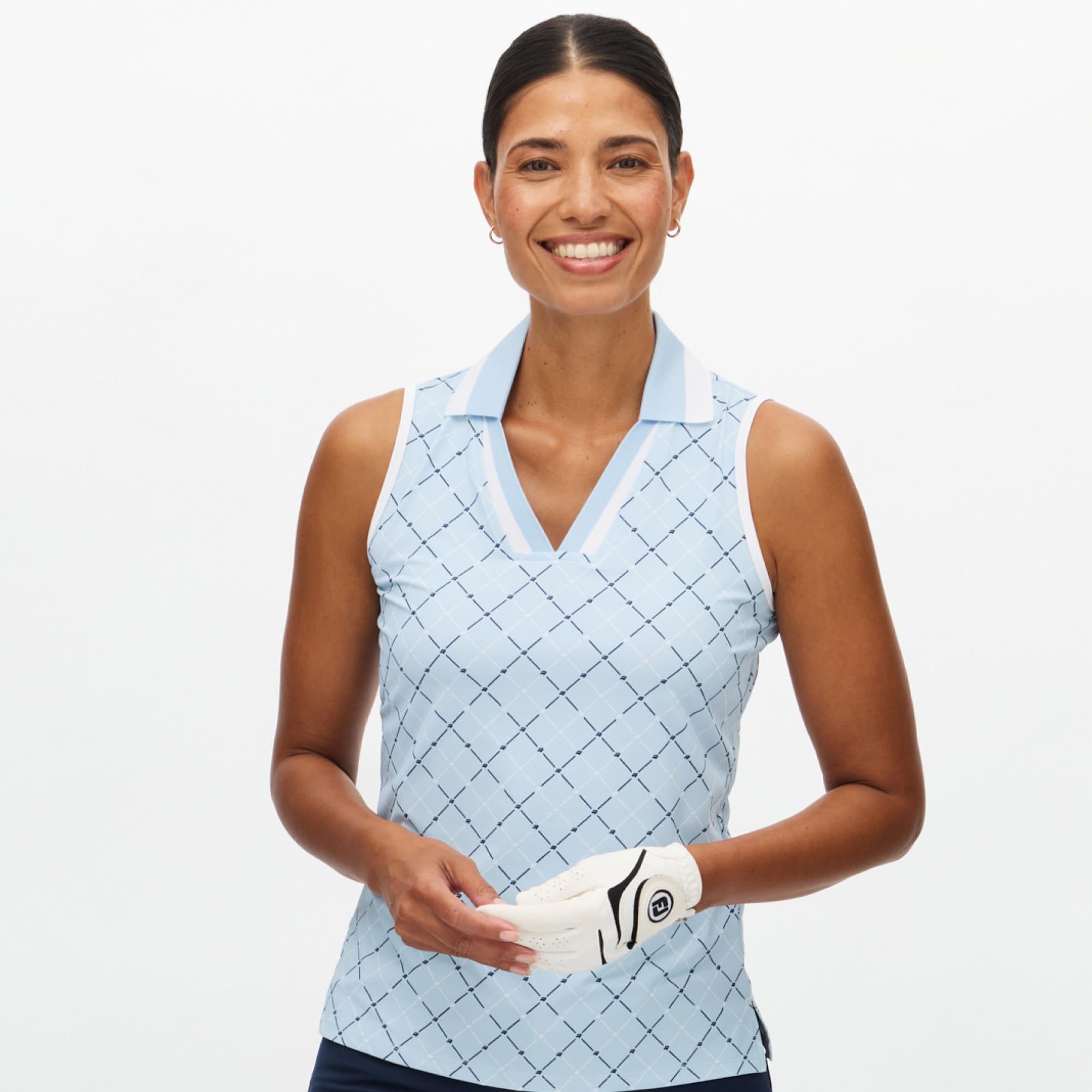 Rohnisch Essential Ladies Sleeveless Golf Polo Shirt Micro R Check Skyway
