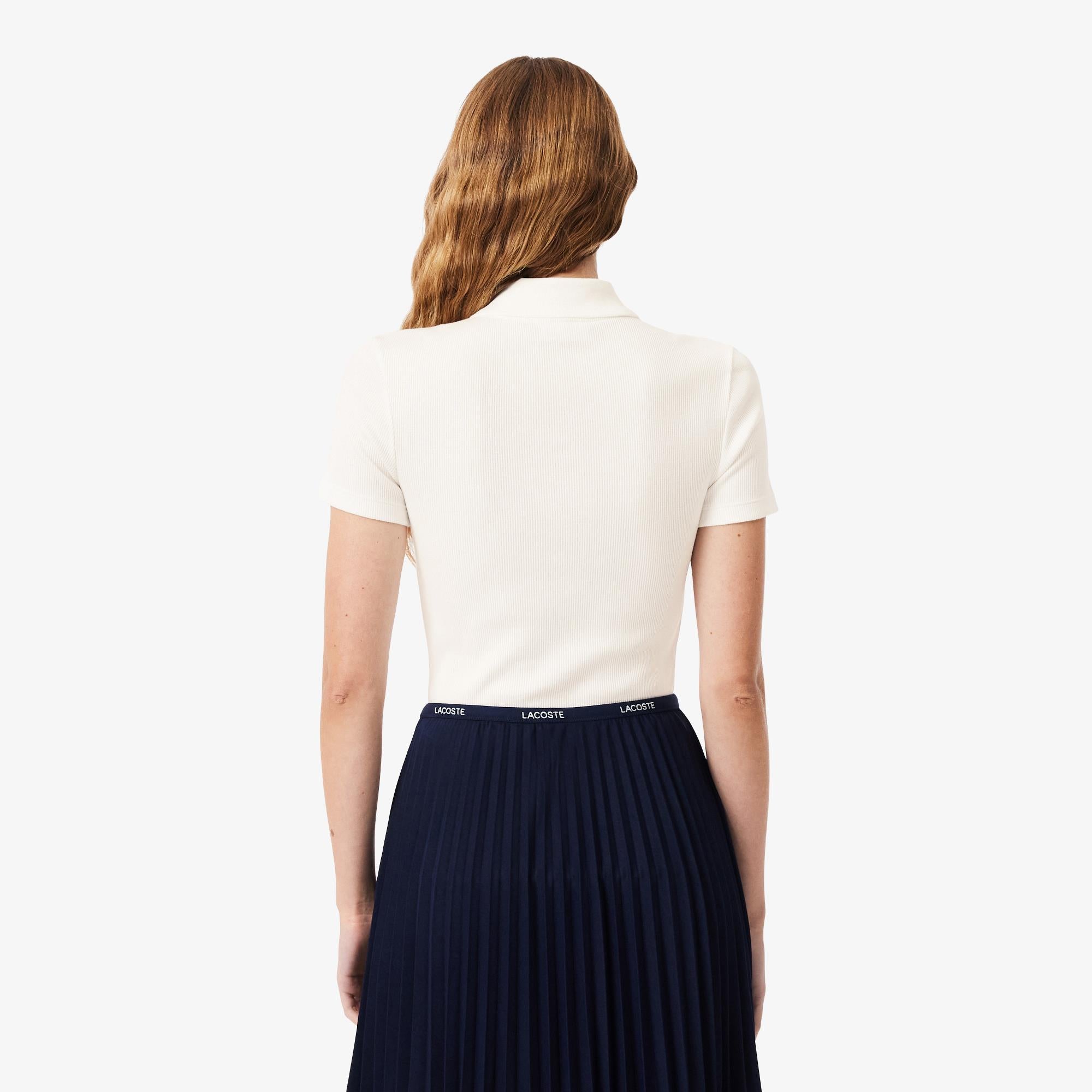 Ladies Lacoste L.12.D Slim Fit Ribbed Cotton Polo Shirt Flour