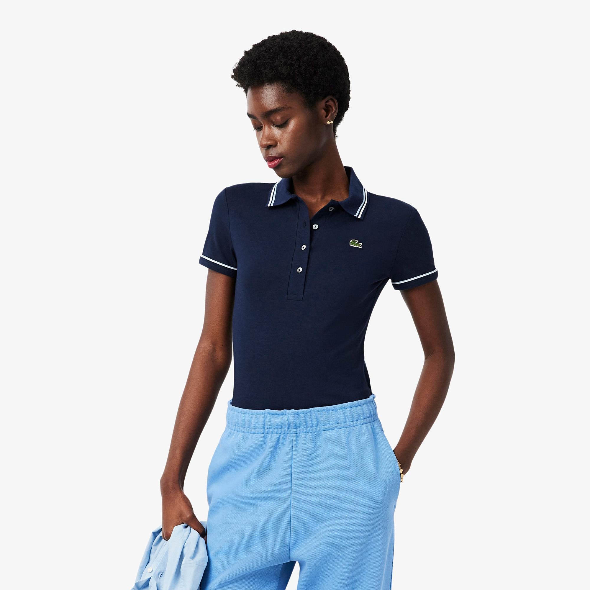 Ladies Lacoste Slim Fit L.12D Contrast Accent Polo Shirt Navy