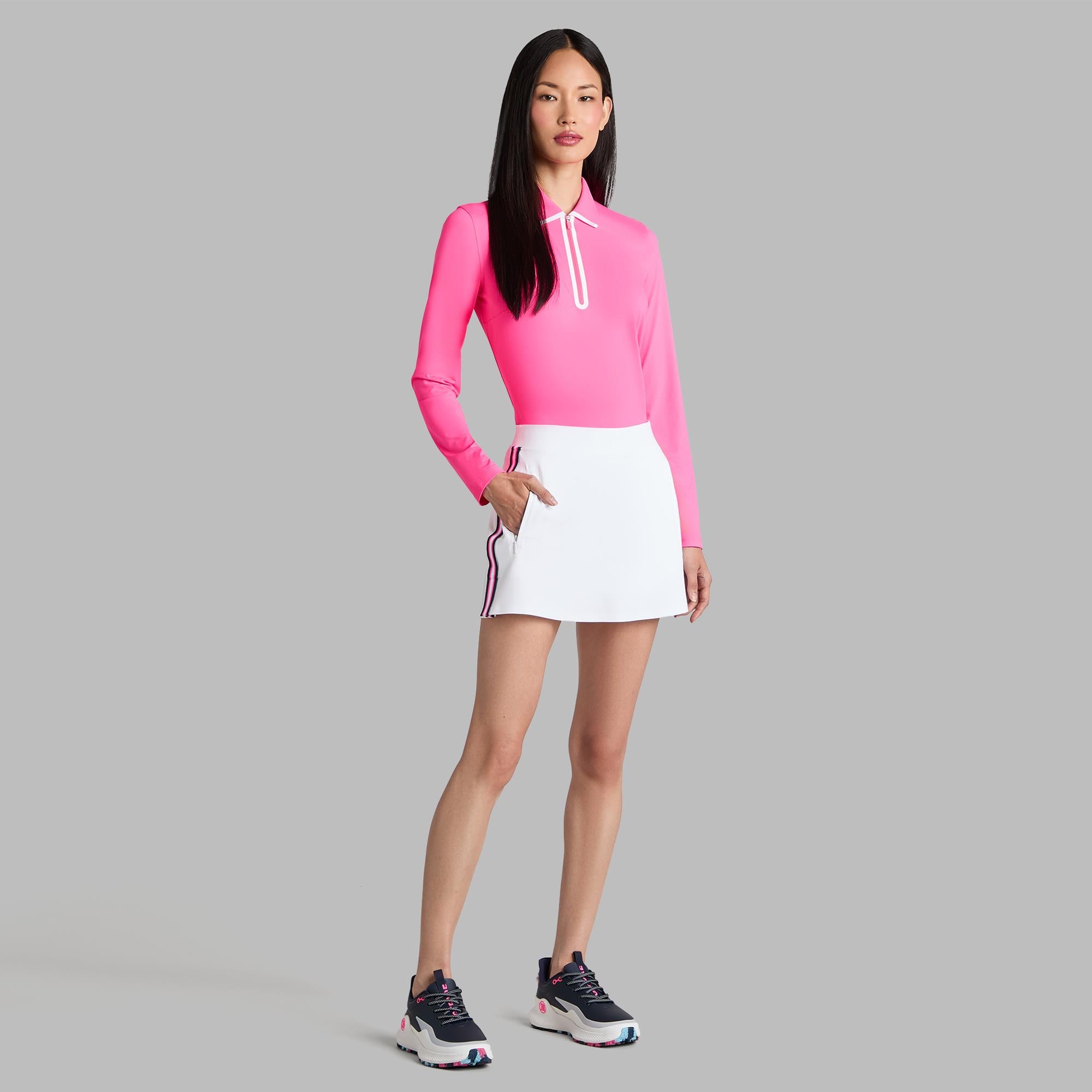 G/FORE Silky Tech Nylon Zip Ladies Long Sleeve Polo Shirt Knockout Pink