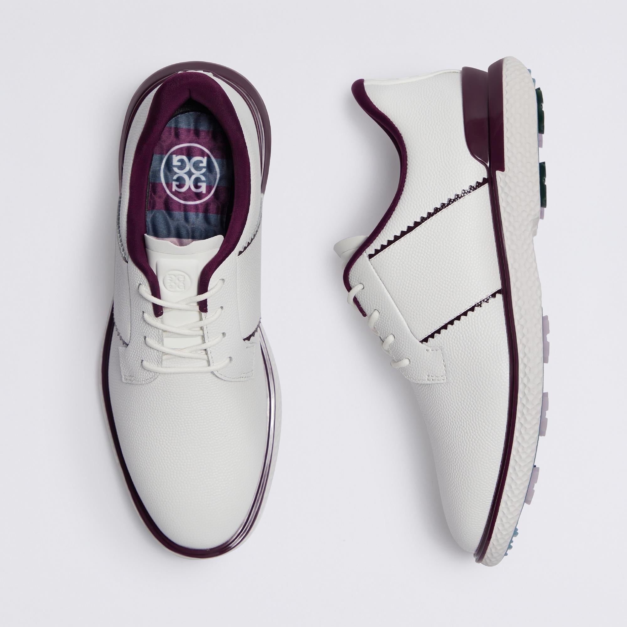 G/FORE Gallivan2r Saddle Stripe Kiltie Ladies Golf Shoes Snow/Dark Plum