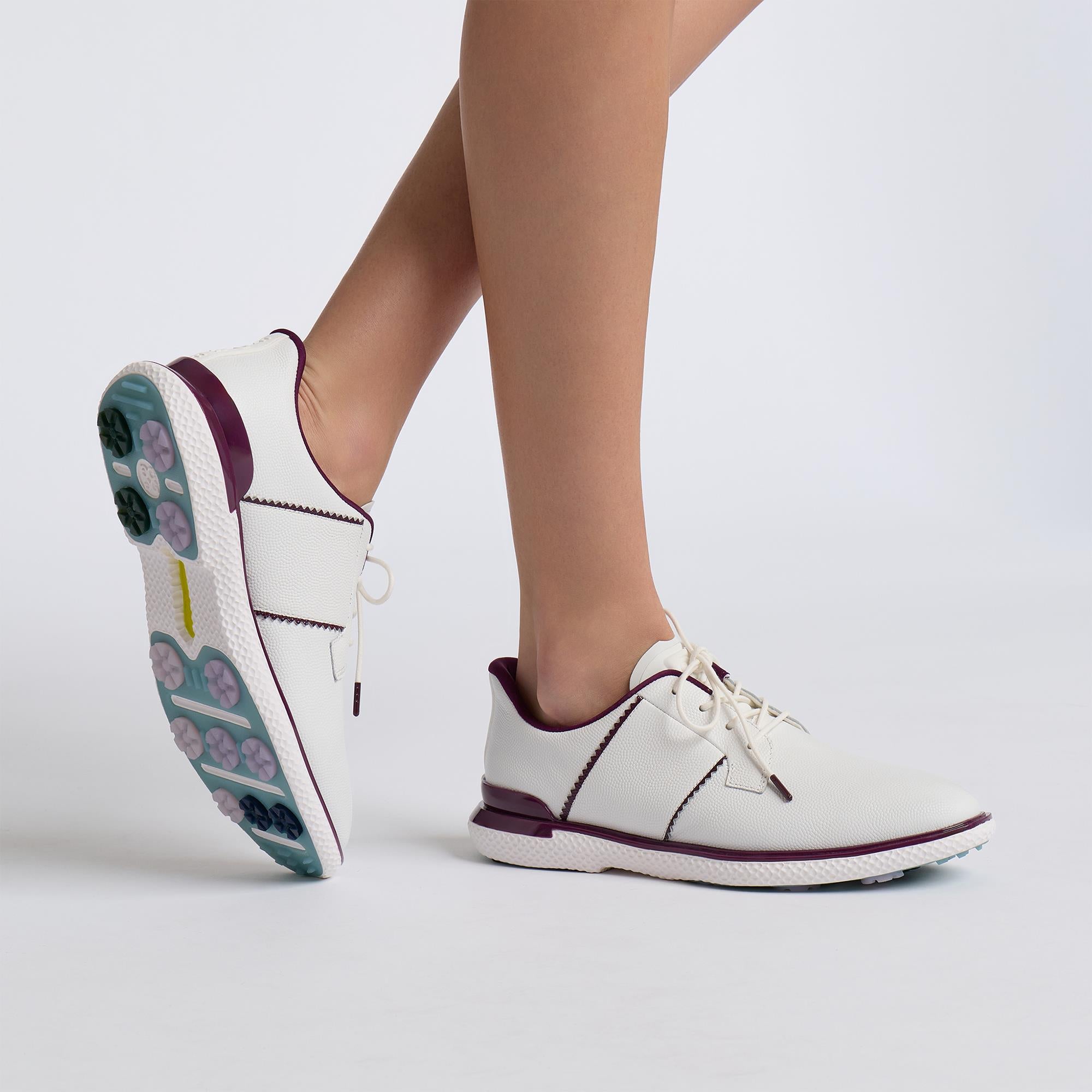 G/FORE Gallivan2r Saddle Stripe Kiltie Ladies Golf Shoes Snow/Dark Plum