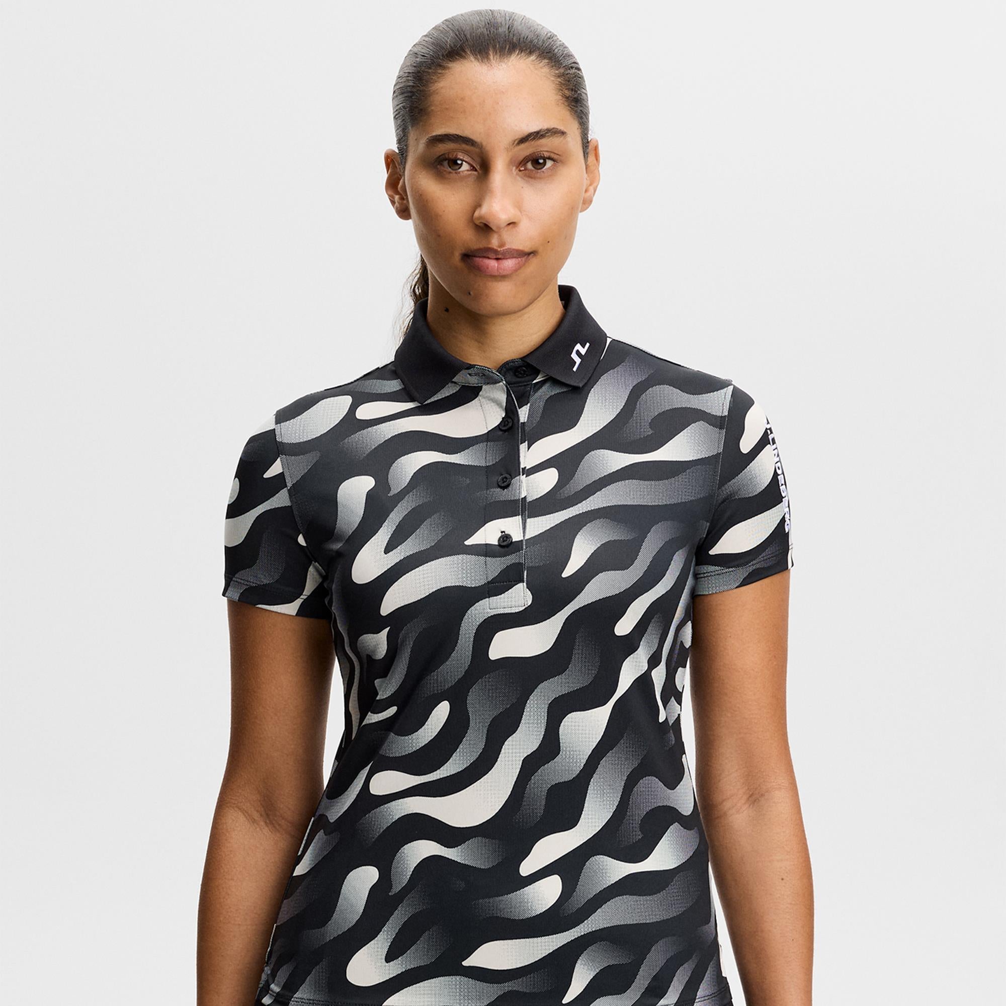 J Lindeberg Tour Tech Print Ladies Golf Polo Shirt Bunker Fade Black Moonbeam