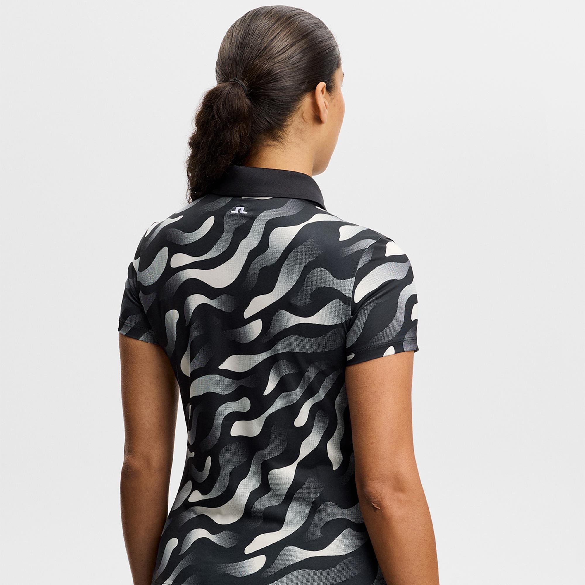 J Lindeberg Tour Tech Print Ladies Golf Polo Shirt Bunker Fade Black Moonbeam