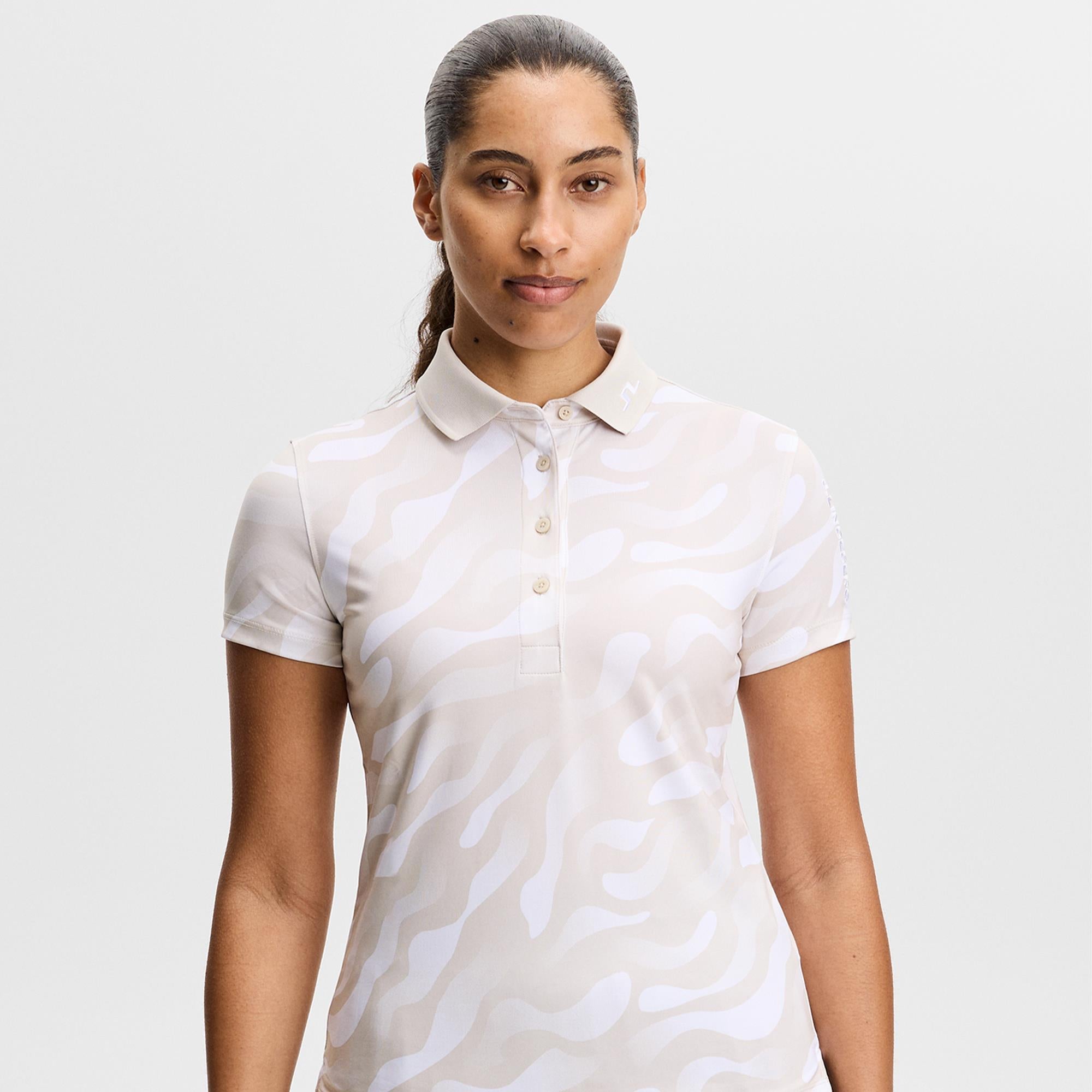 J Lindeberg Tour Tech Print Ladies Golf Polo Shirt Bunker Fade Moonbeam White