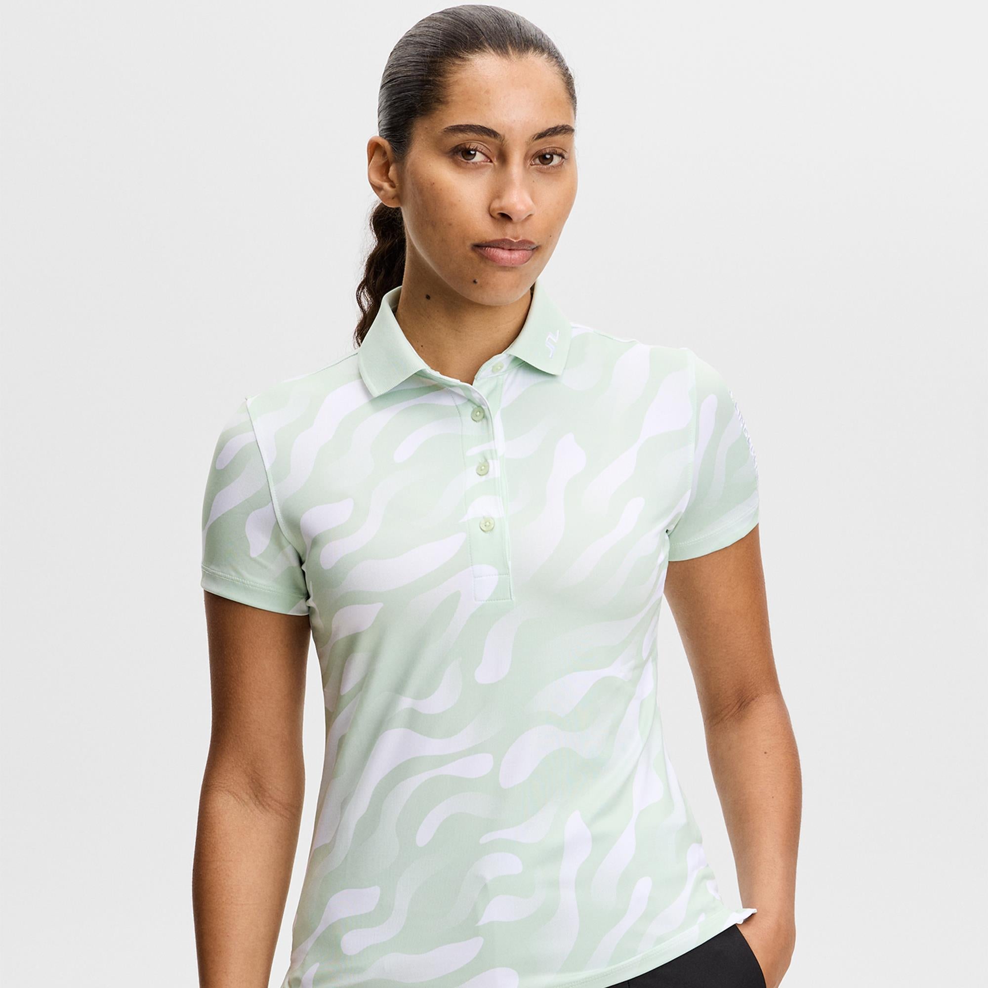 J Lindeberg Tour Tech Print Ladies Golf Polo Shirt Bunker Fade Subtle Green White