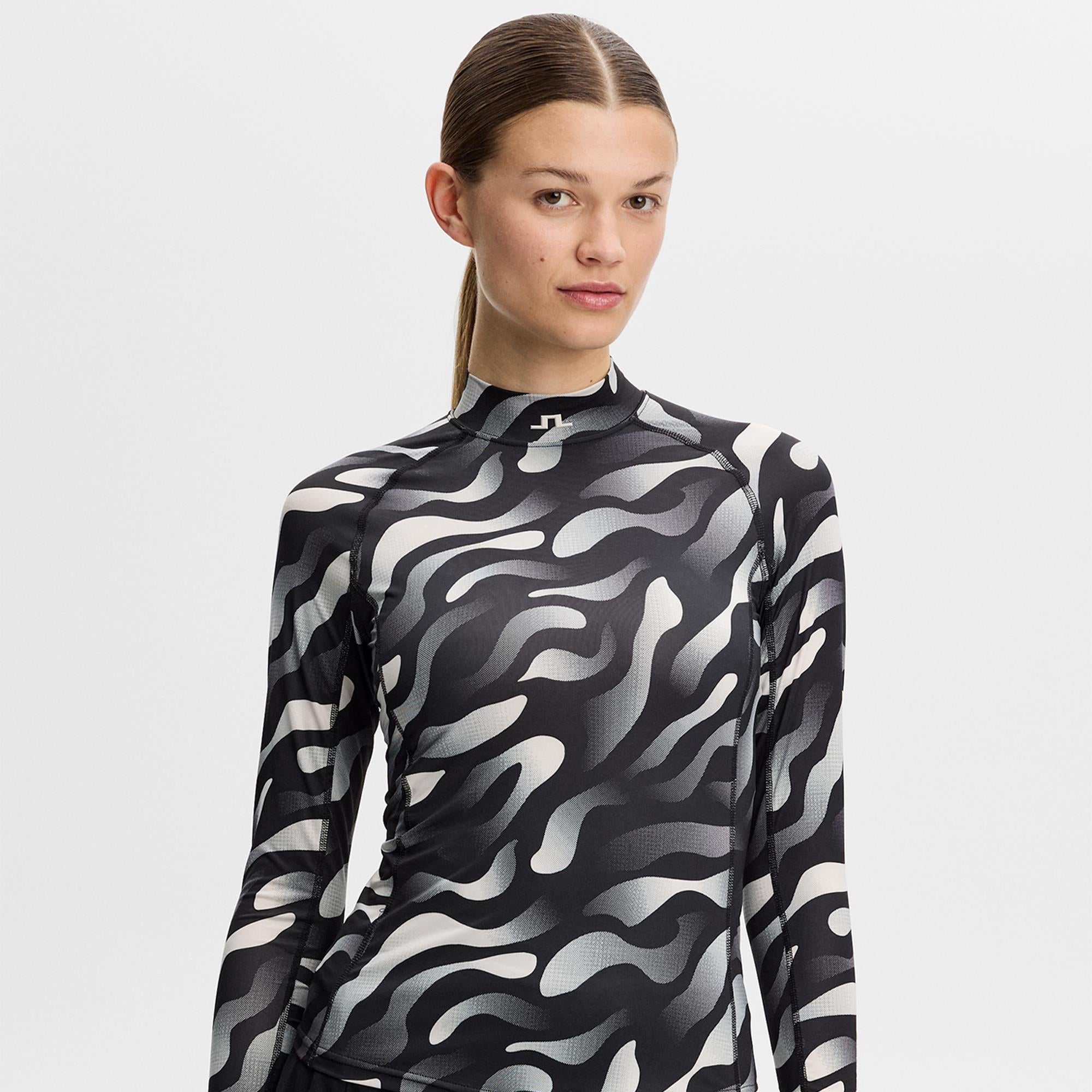 J Lindeberg Ella Print Ladies Compression Golf Top Bunker Fade Black Moonbeam