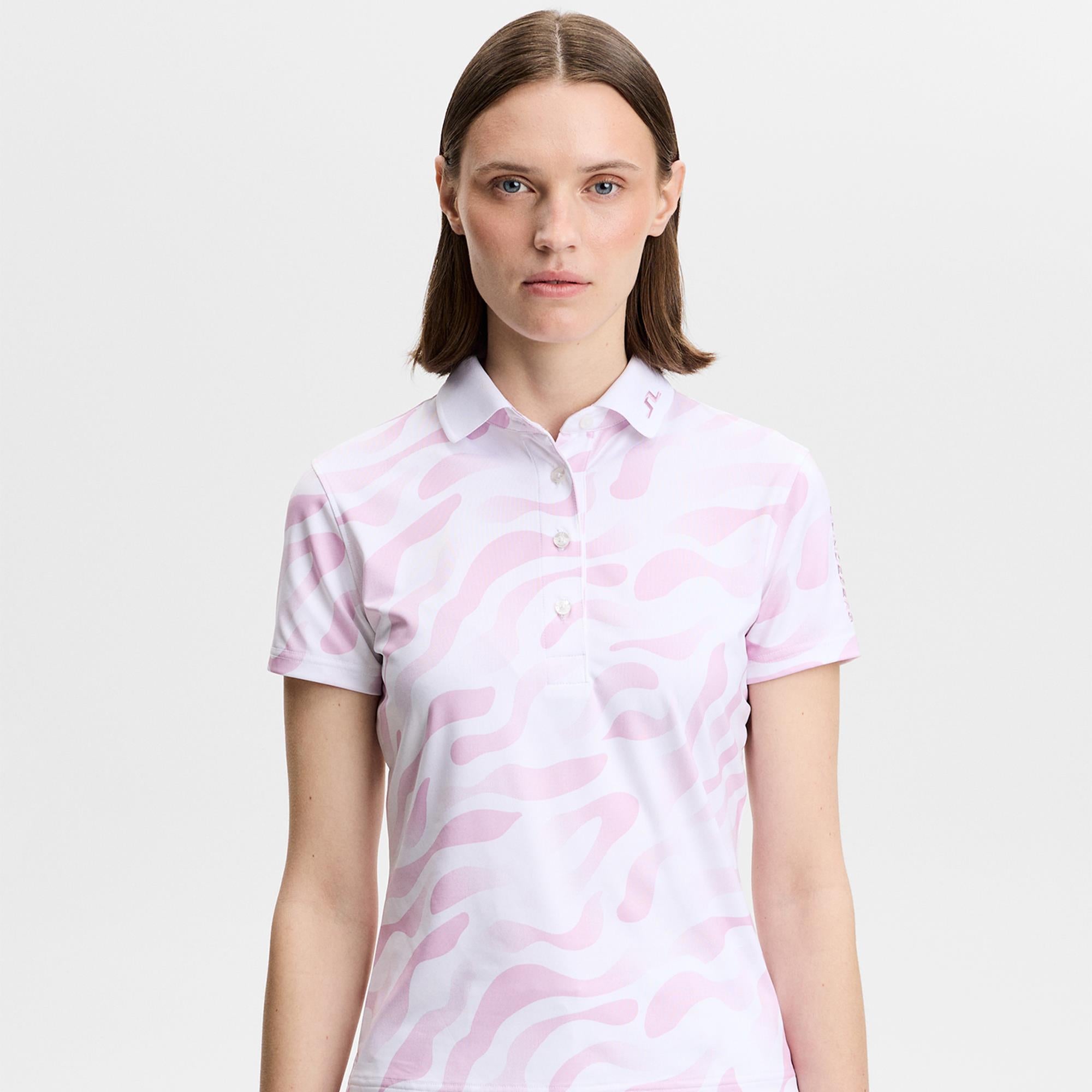 J Lindeberg Tour Tech Print Ladies Golf Polo Shirt Bunker Fade White Orchid