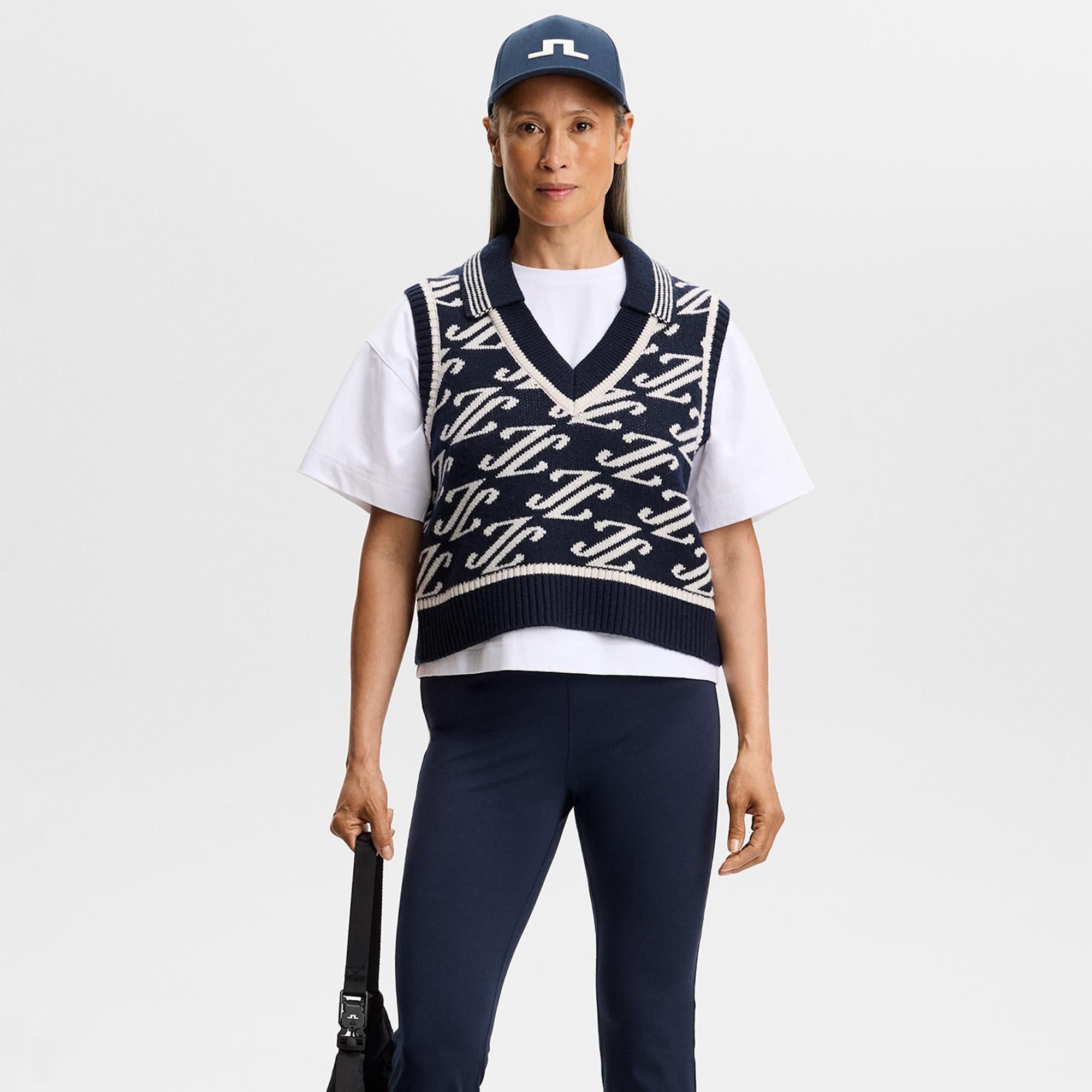 J Lindeberg Phoebe Jacquard Knit Vest Cardi Jacquard Navy