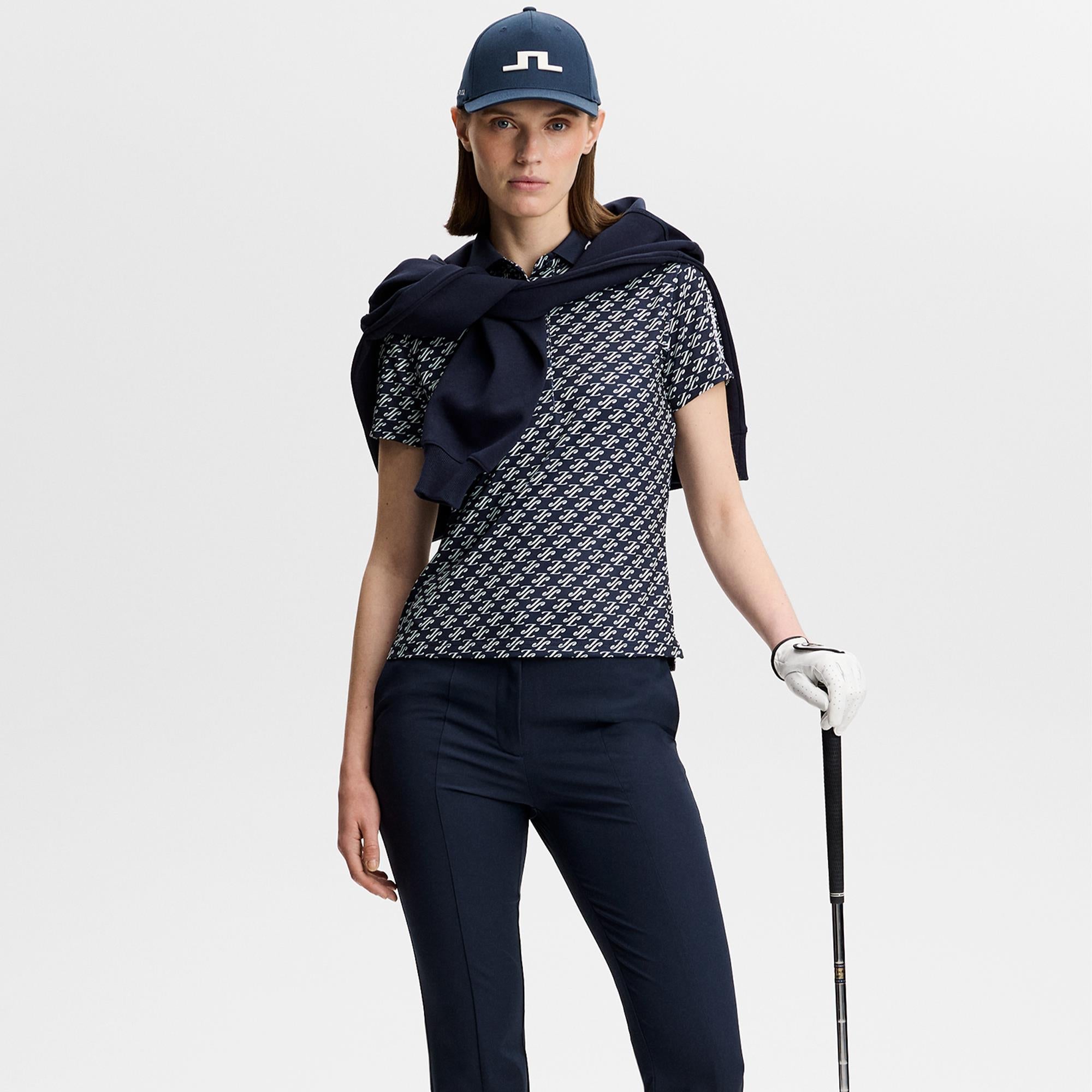 J Lindeberg Tour Tech Print Ladies Golf Polo Shirt Cardi Jacquard Navy