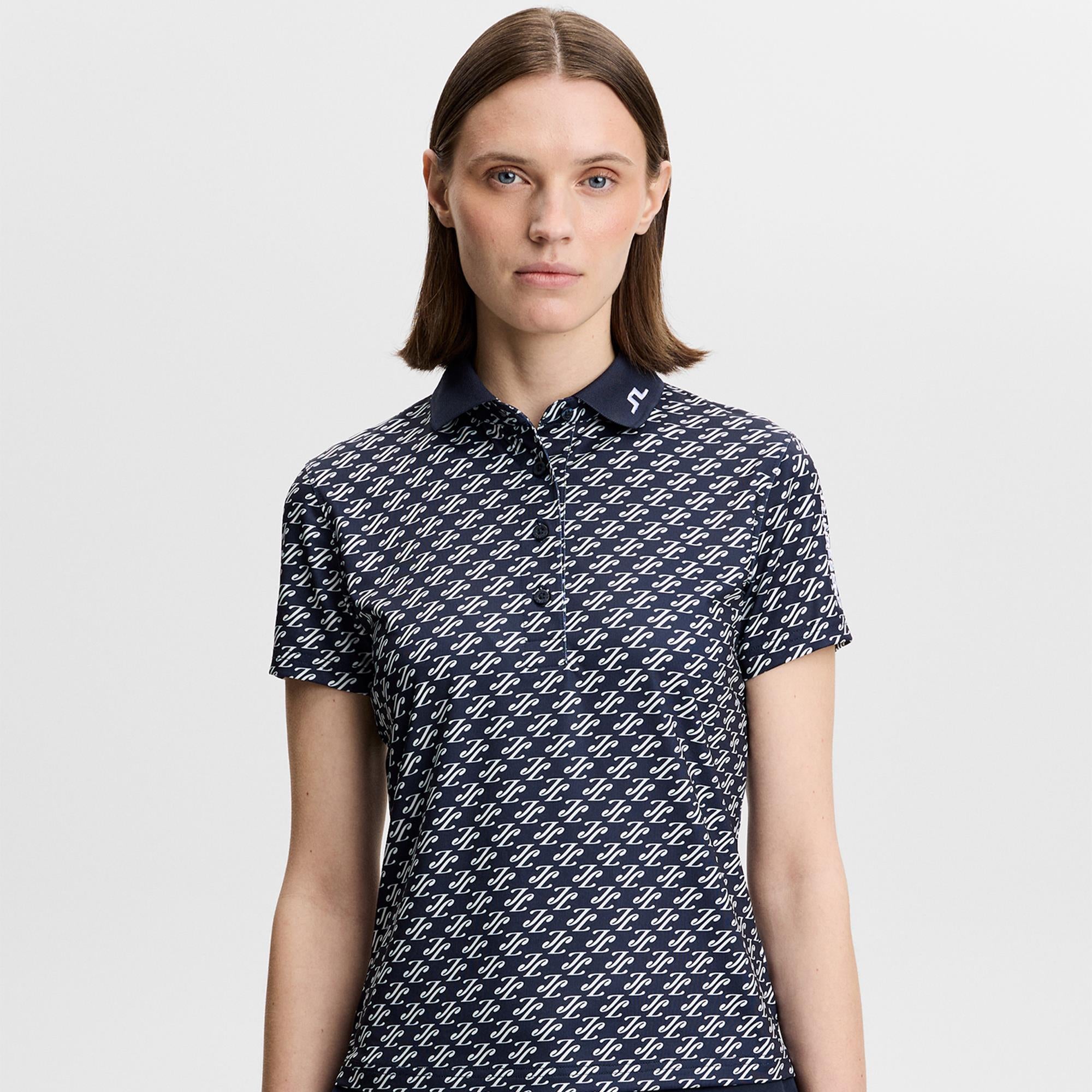 J Lindeberg Tour Tech Print Ladies Golf Polo Shirt Cardi Jacquard Navy