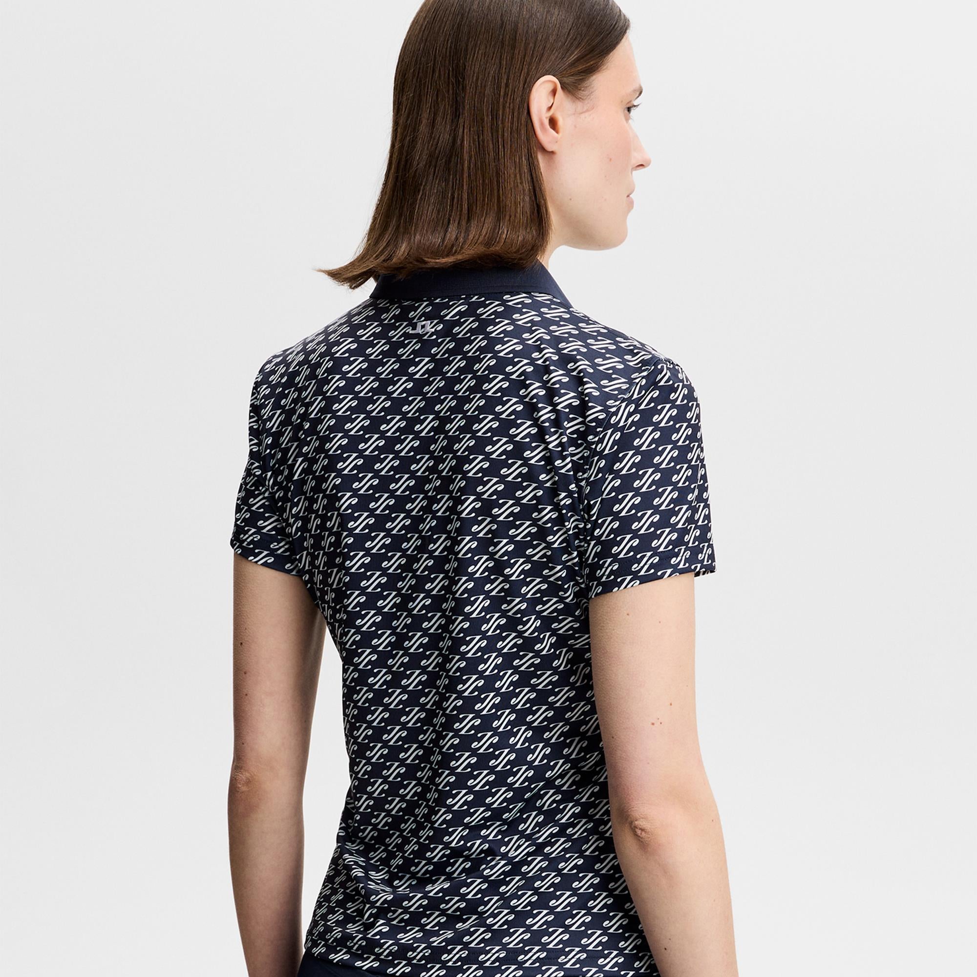 J Lindeberg Tour Tech Print Ladies Golf Polo Shirt Cardi Jacquard Navy