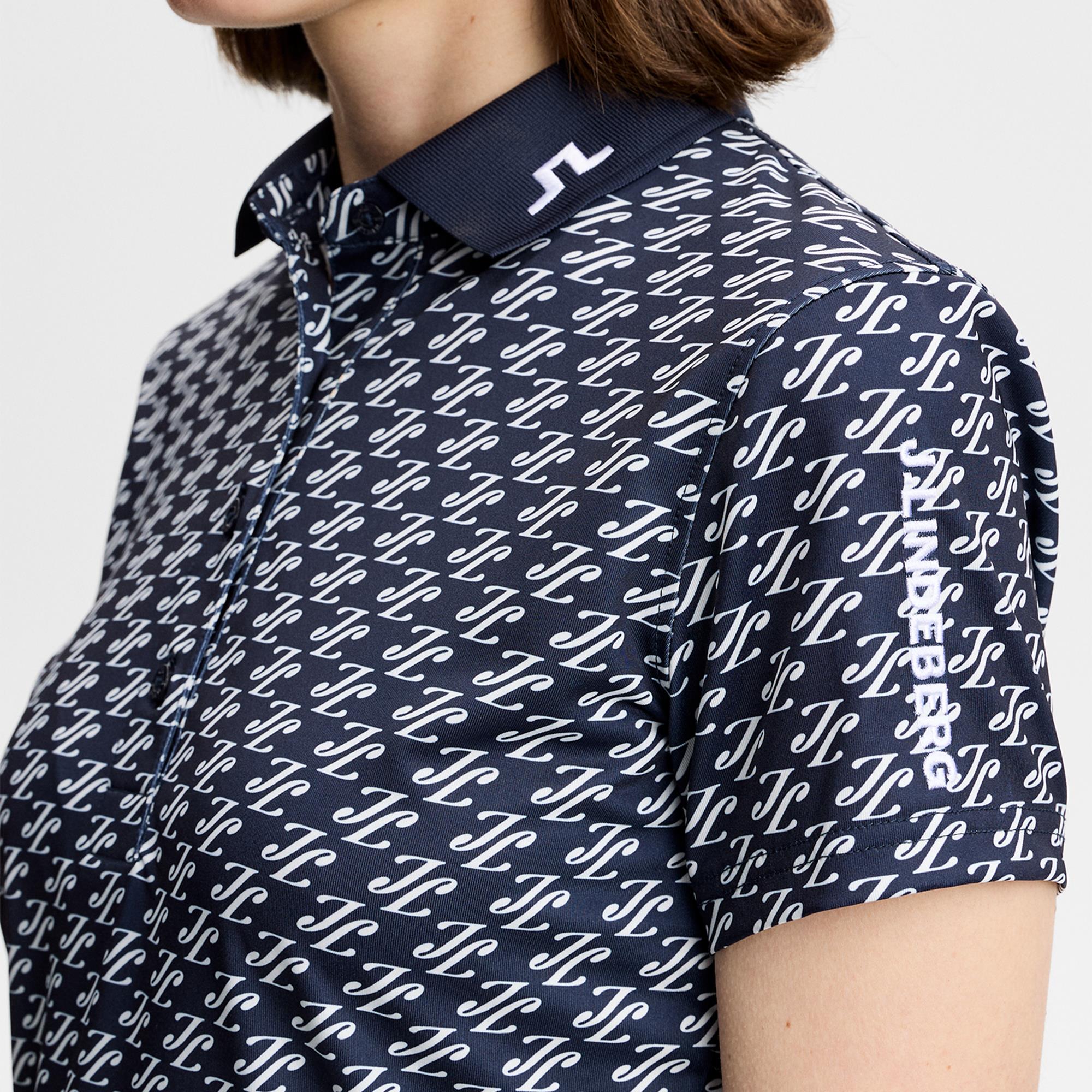 J Lindeberg Tour Tech Print Ladies Golf Polo Shirt Cardi Jacquard Navy