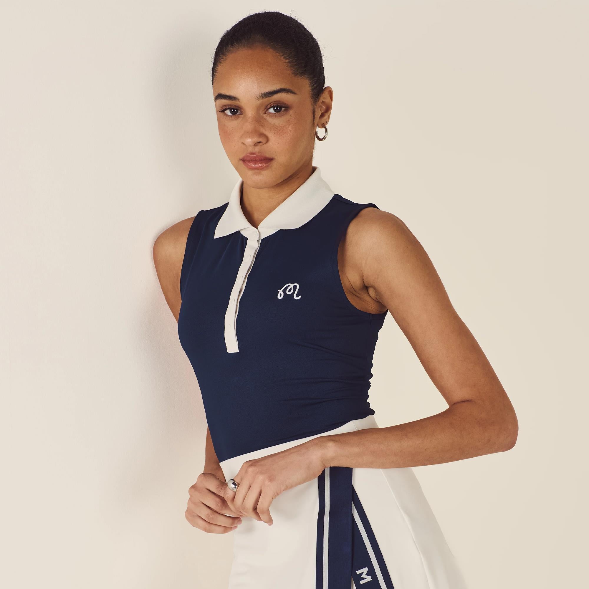 Malbon Golf Icons Claudia Ladies Sleeveless Golf Polo Shirt Navy