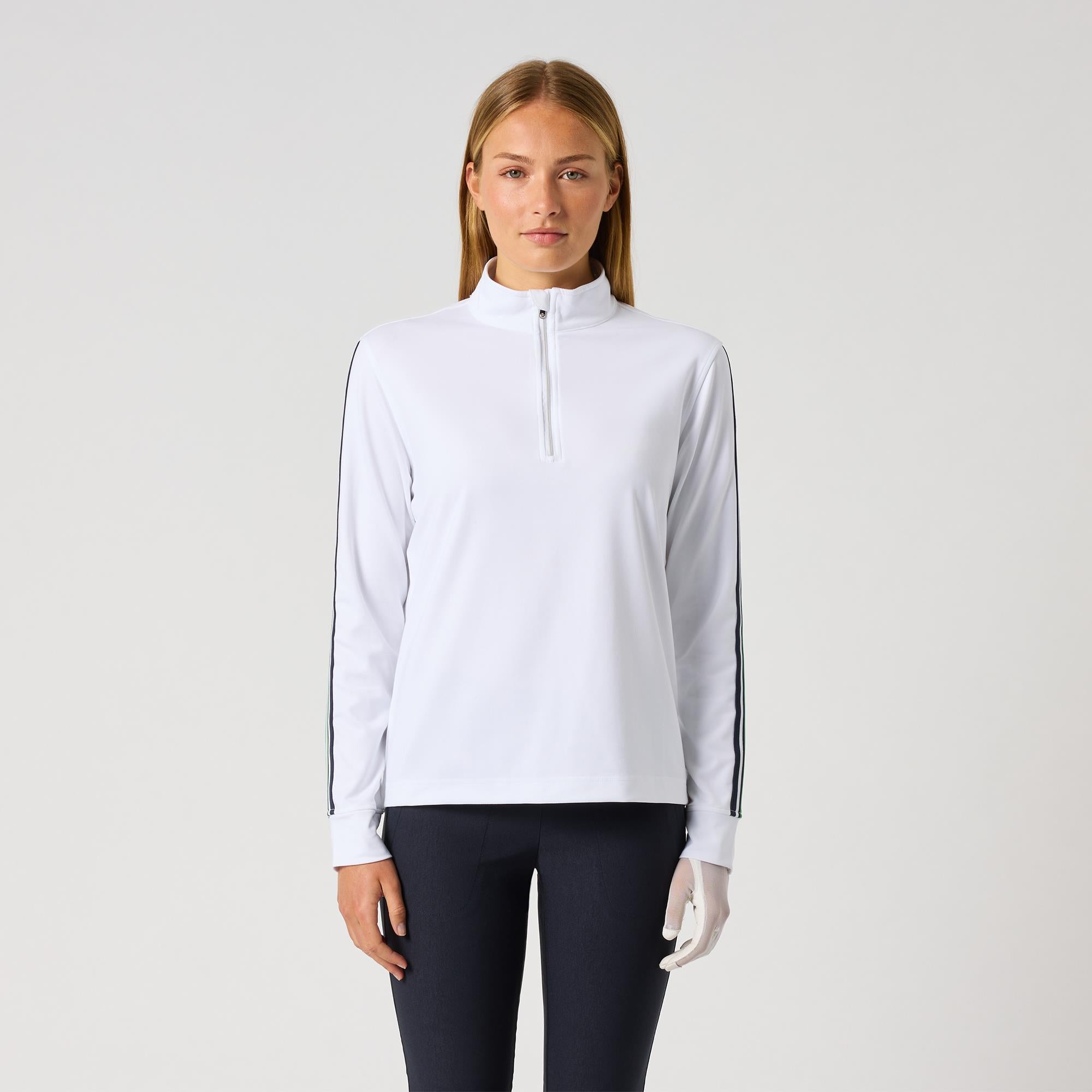 Daily Sports Peached Zip Neck Ladies Long Sleeve Golf Polo Shirt White