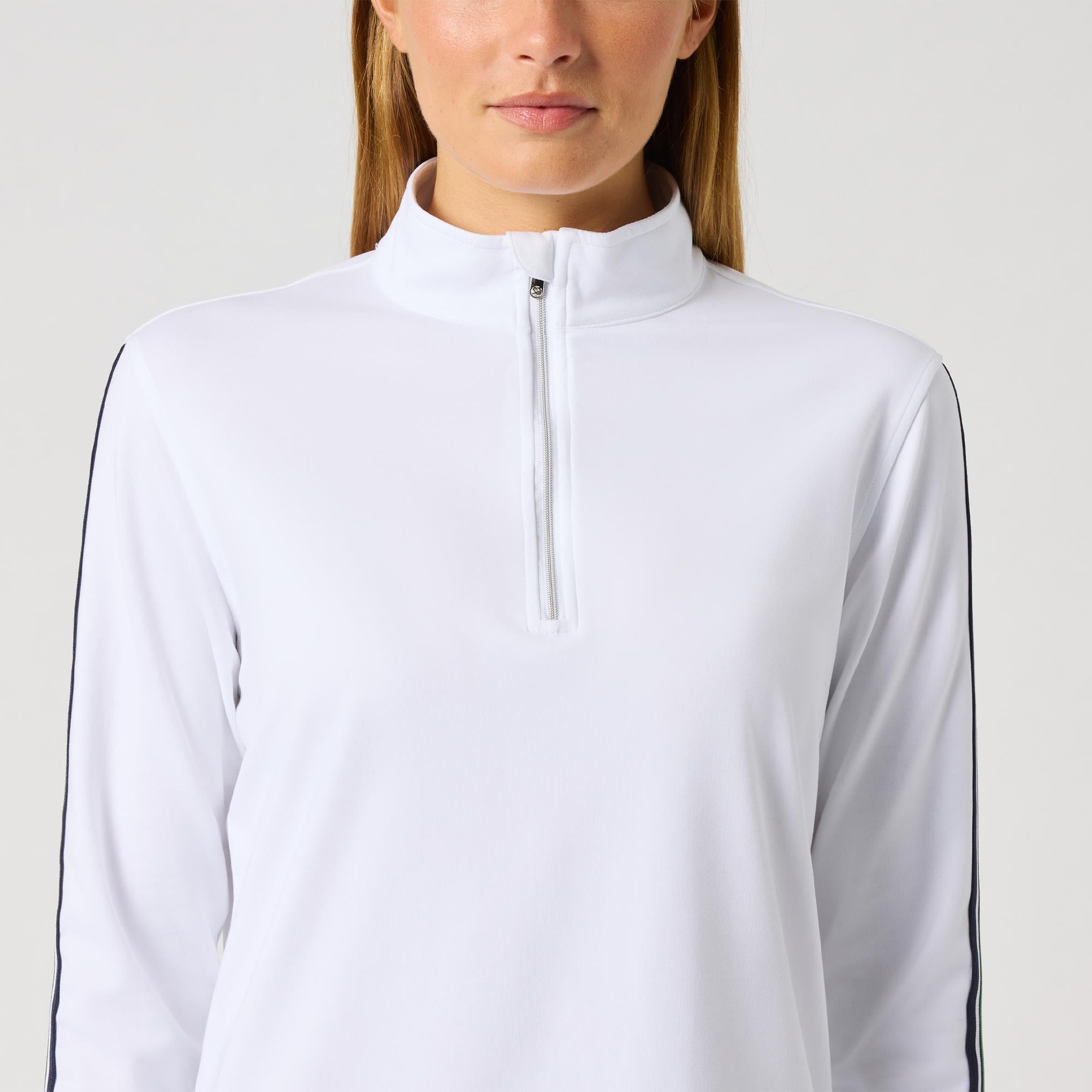 Daily Sports Peached Zip Neck Ladies Long Sleeve Golf Polo Shirt White