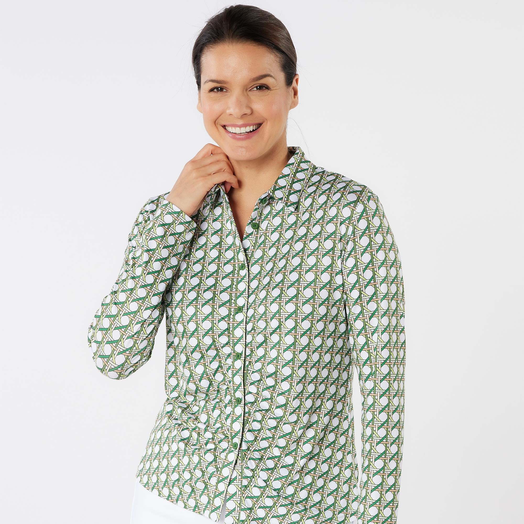 Swing Out Sister Grace Pattern Long Sleeve Ladies Golf Polo Shirt Noughty Green