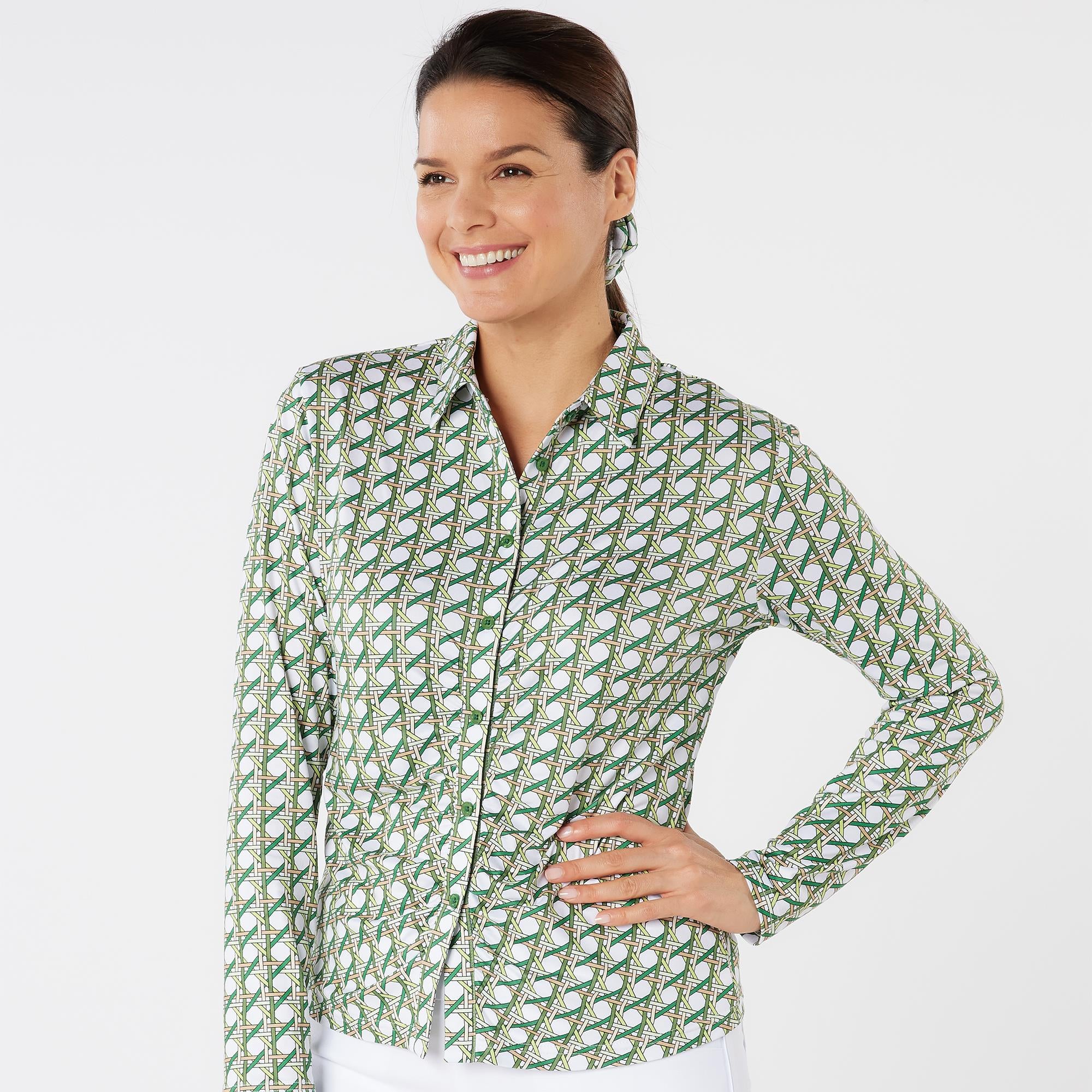 Swing Out Sister Grace Pattern Long Sleeve Ladies Golf Polo Shirt Noughty Green