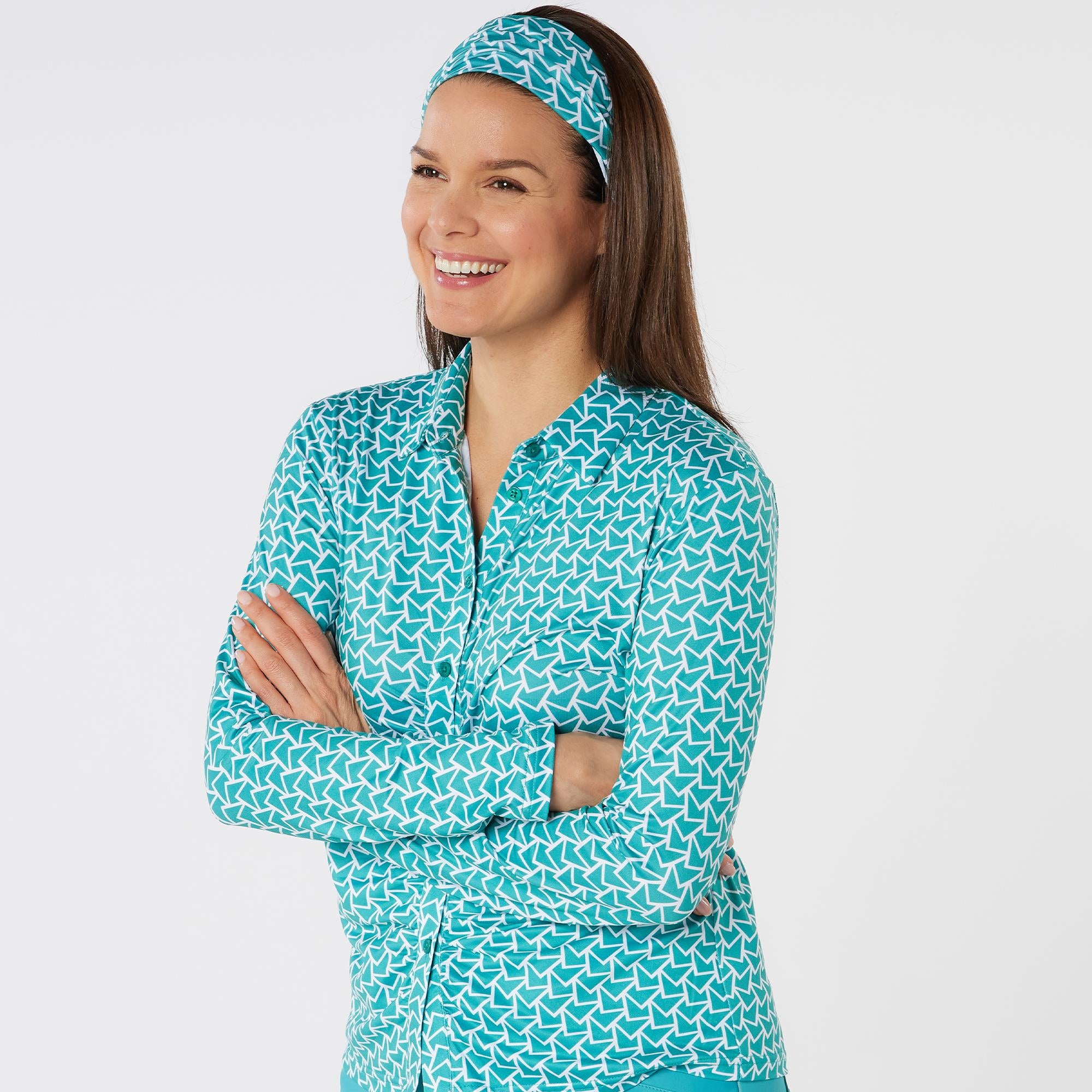 Swing Out Sister Philomena Pattern Long Sleeve Ladies Golf Polo Shirt Megabyte Teal
