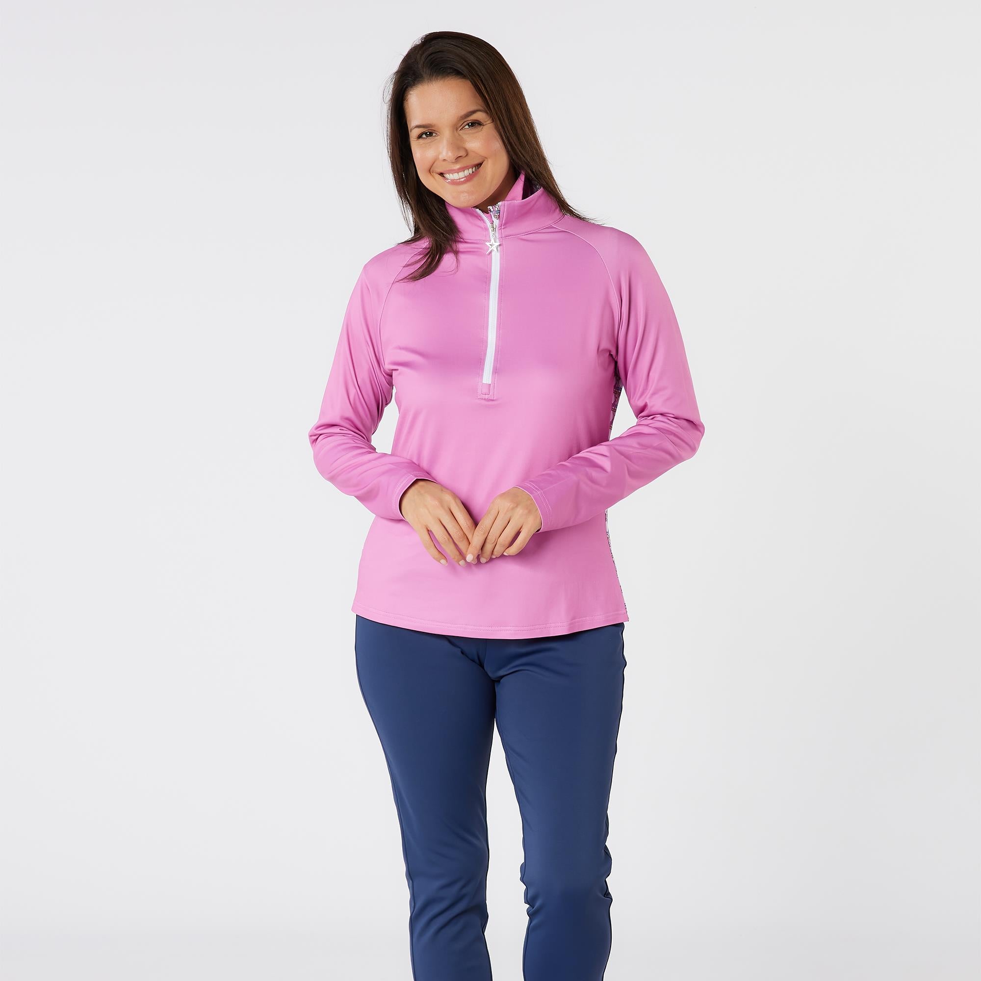 Swing Out Sister Heather Quarter Zip Pattern Fleece Ladies Golf Mid Layer Noughty Pink