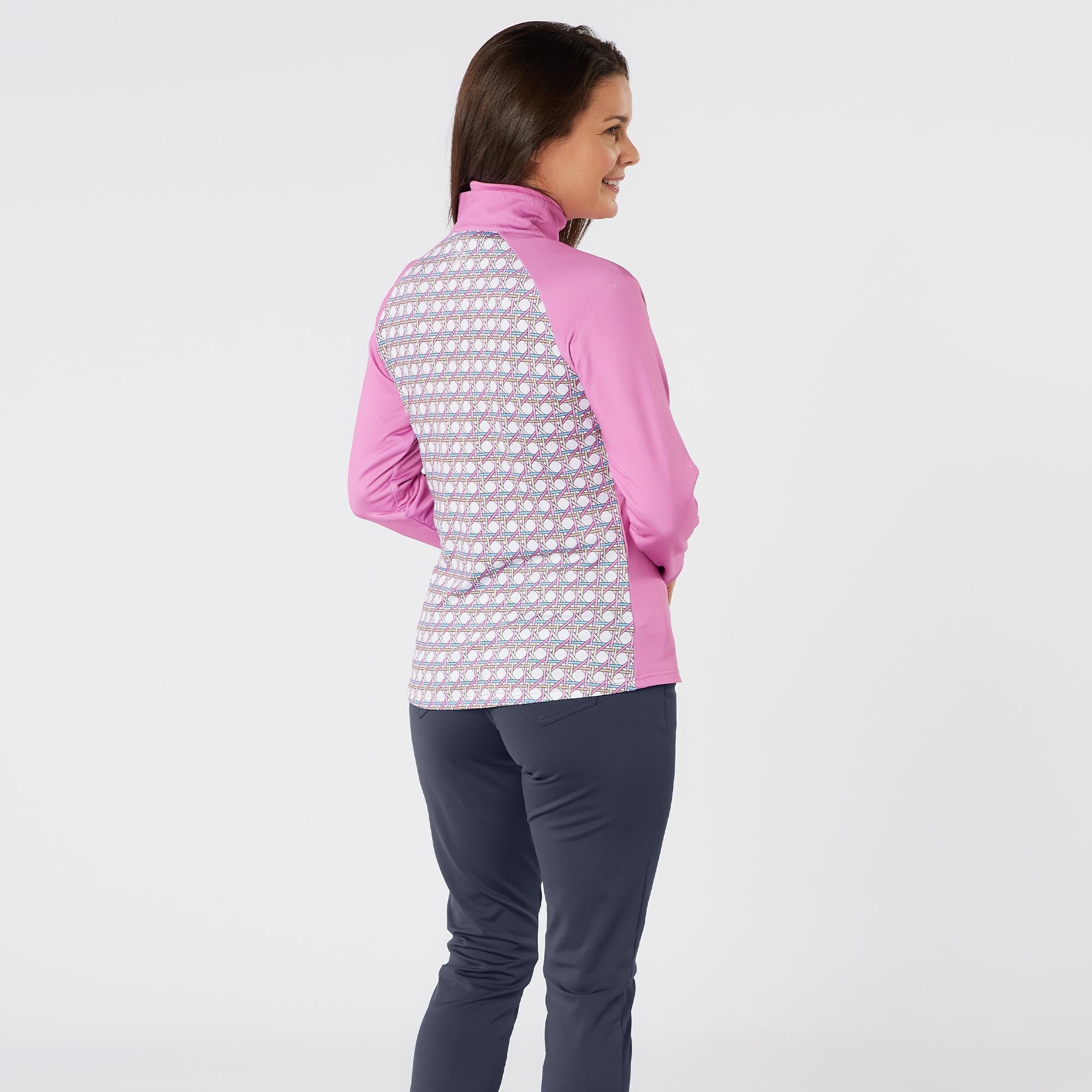 Swing Out Sister Heather Quarter Zip Pattern Fleece Ladies Golf Mid Layer Noughty Pink