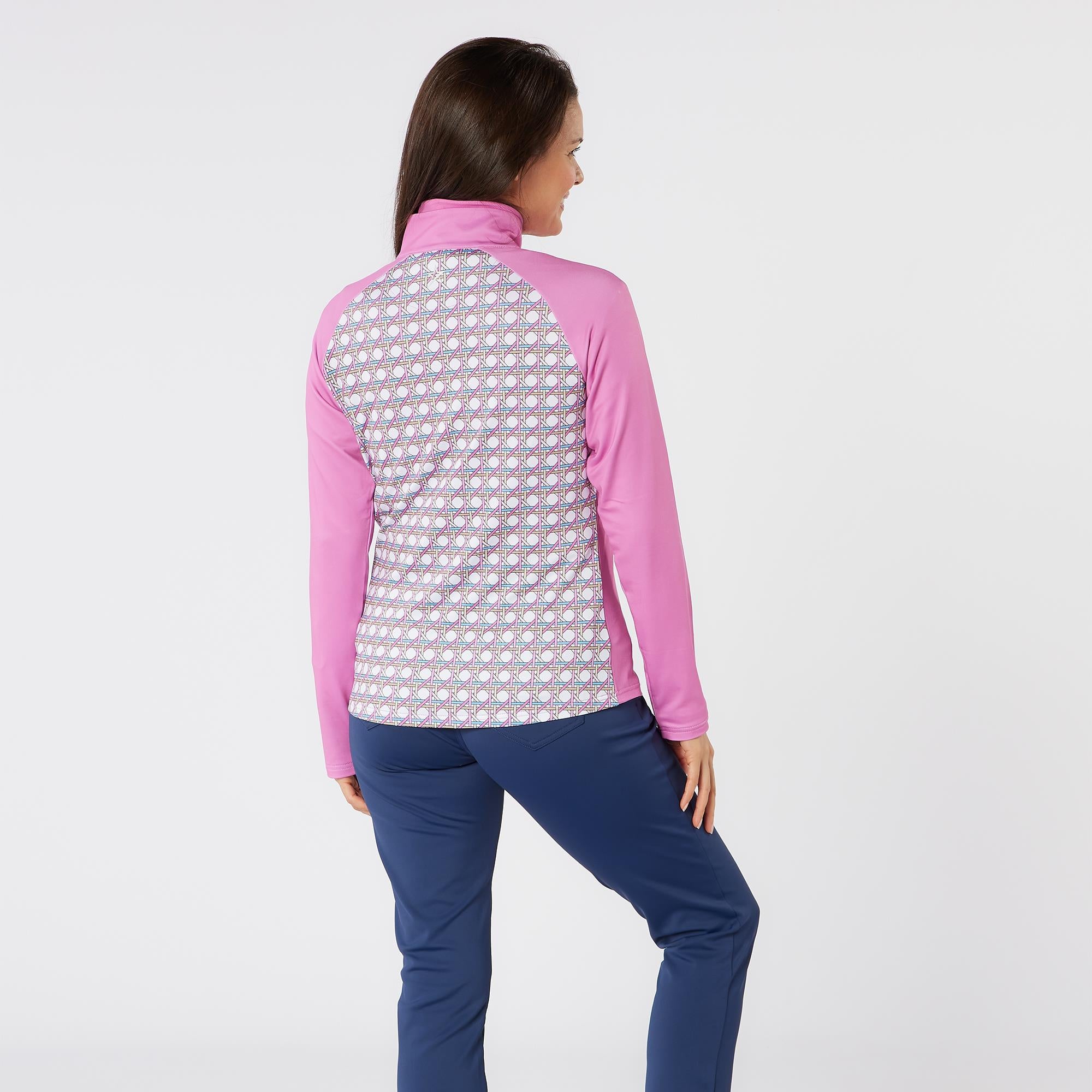 Swing Out Sister Heather Quarter Zip Pattern Fleece Ladies Golf Mid Layer Noughty Pink