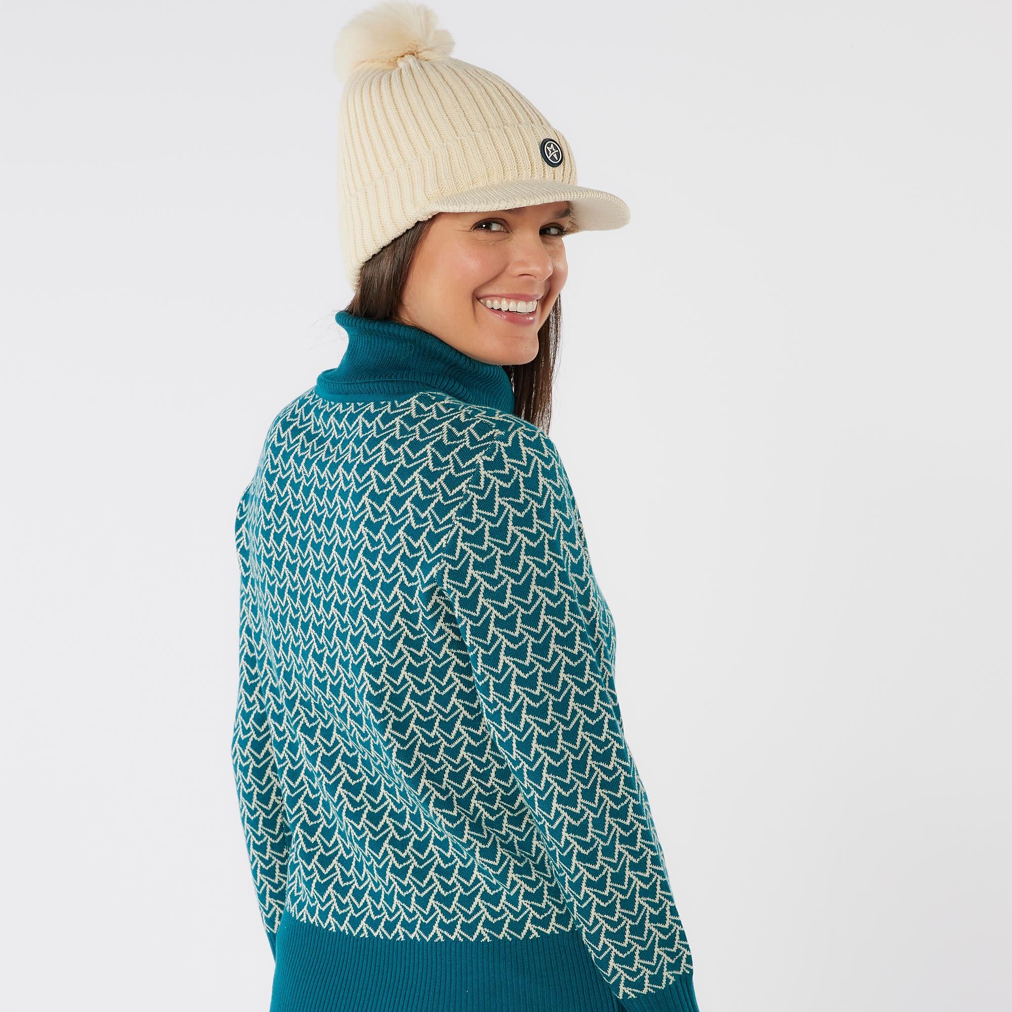 Swing Out Sister Donna Lined Pattern Knit Roll Ladies Golf Sweater Megabyte Teal