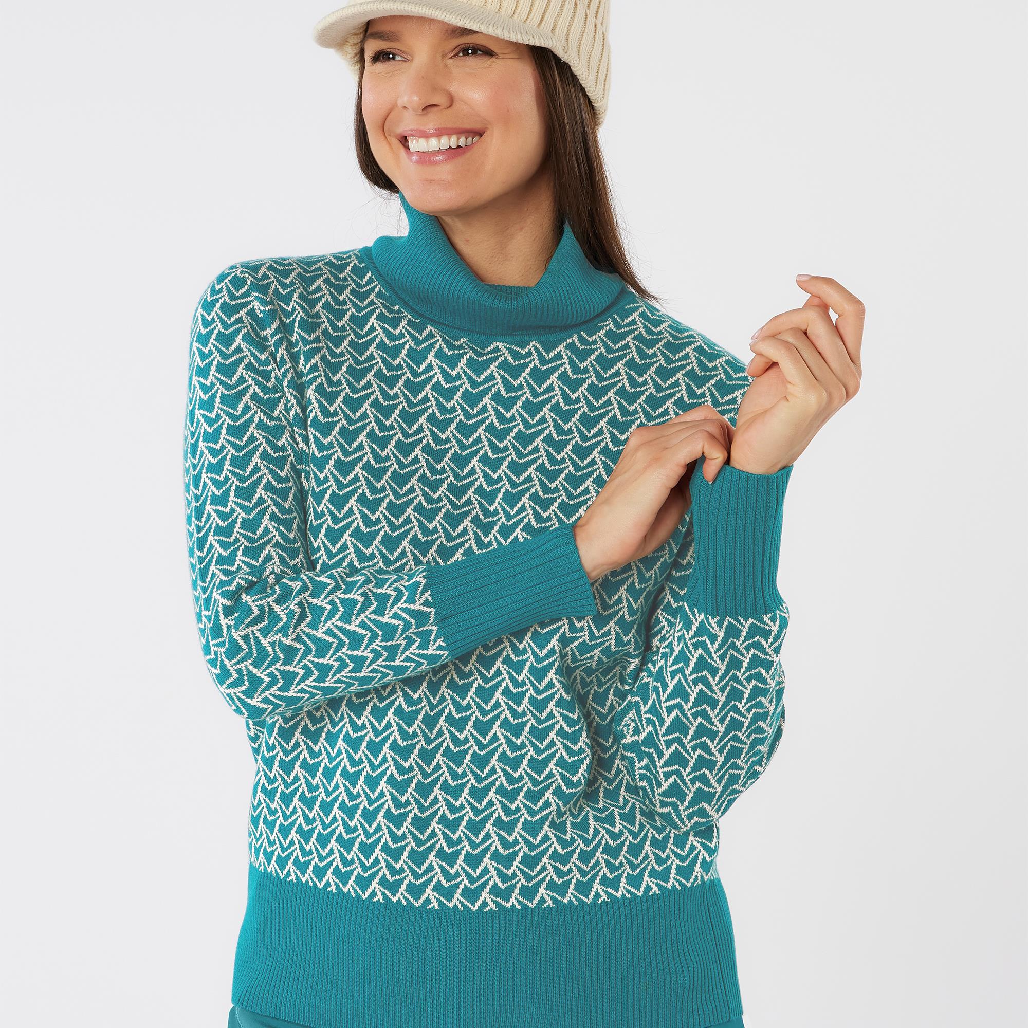 Swing Out Sister Donna Lined Pattern Knit Roll Ladies Golf Sweater Megabyte Teal