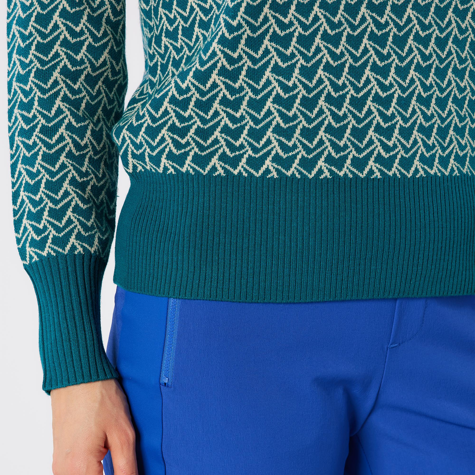 Swing Out Sister Donna Lined Pattern Knit Roll Ladies Golf Sweater Megabyte Teal