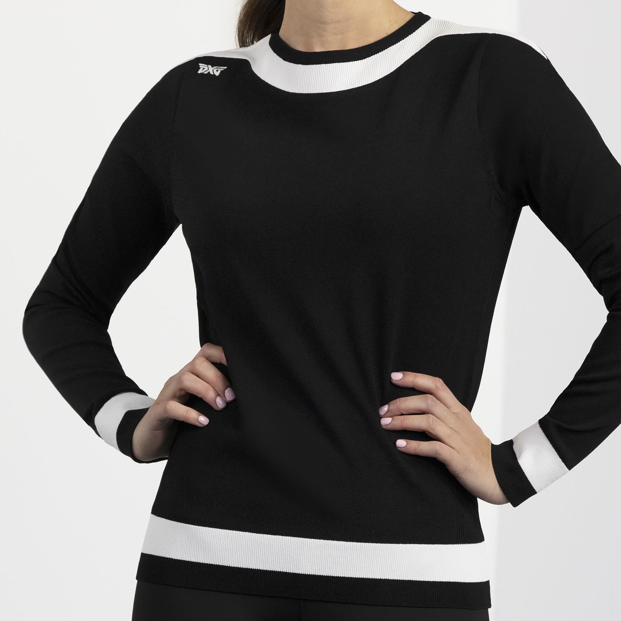 Model Wearing PXG Boat Neck Ladies Golf Sweater – Front View