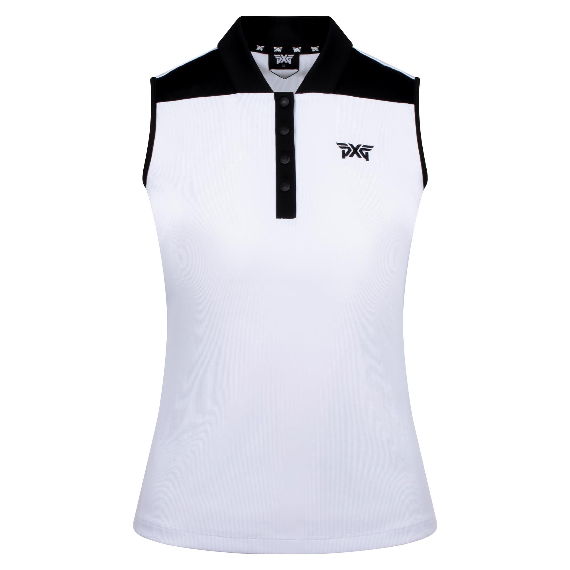 Front view of PXG Contrast Block Ladies Sleeveless Golf Polo Shirt in white