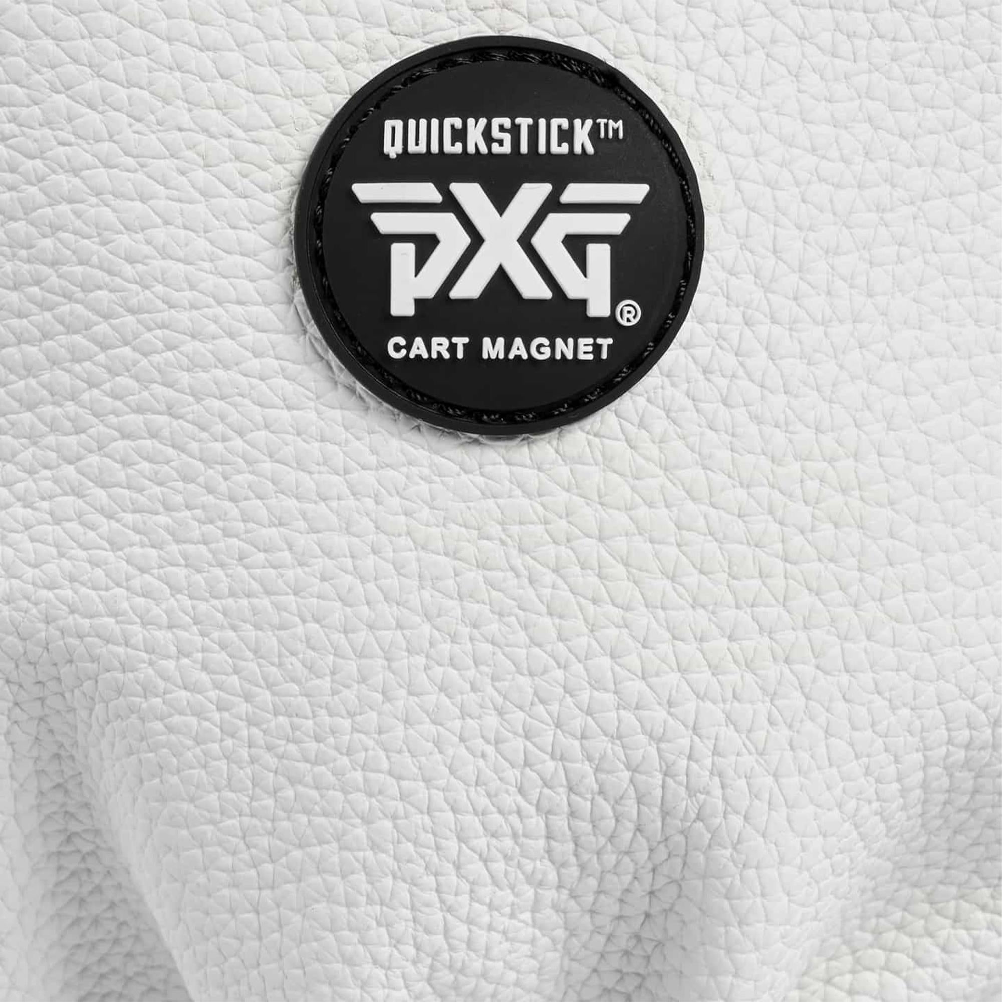 Detailed close-up of quickstick cart magnet on PXG Darkness Driver Headcover white and black