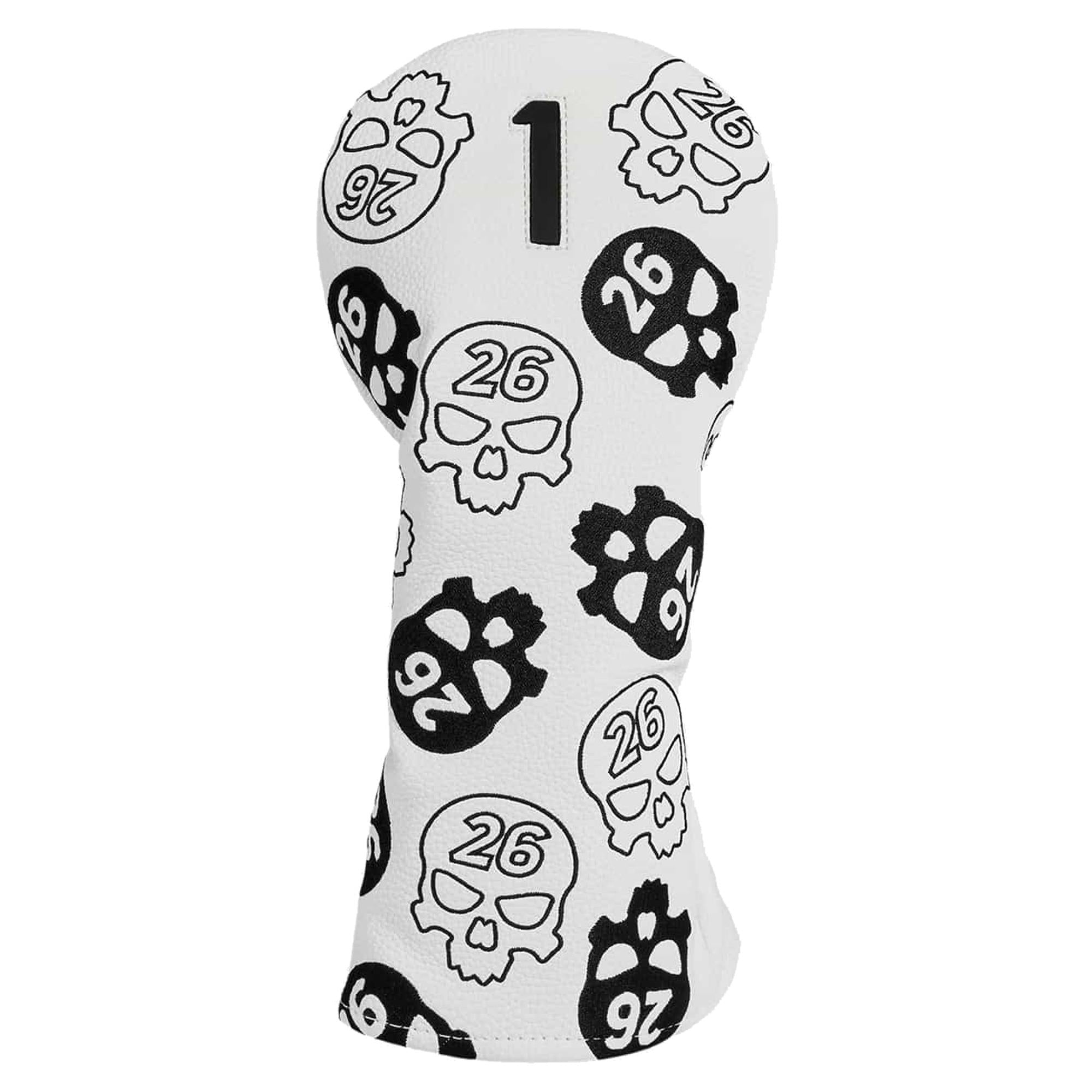 Front view of PXG Darkness Driver Headcover in white and black