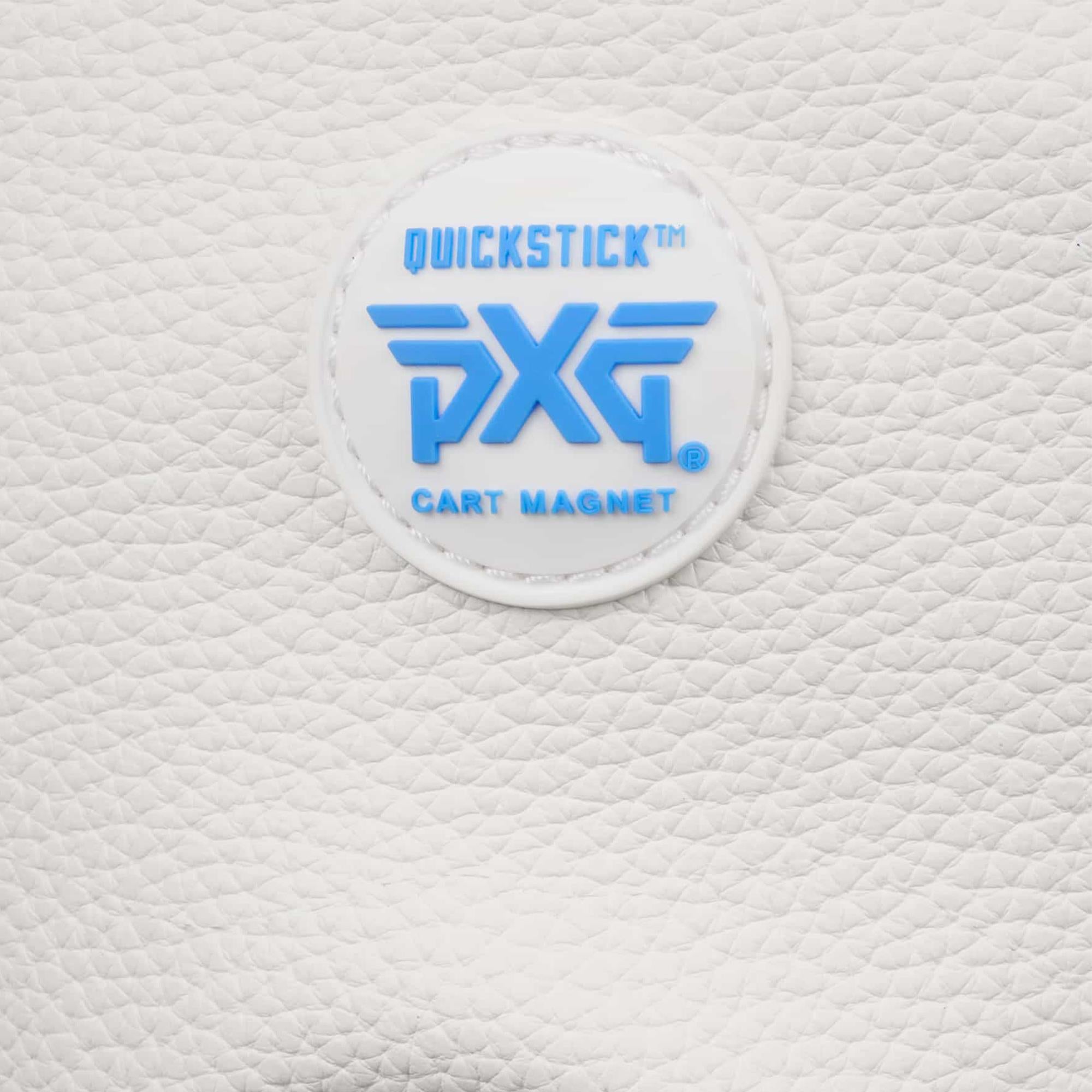 Detailed close-up of quickstick cart magnet on PXG Darkness Driver Headcover white and blue