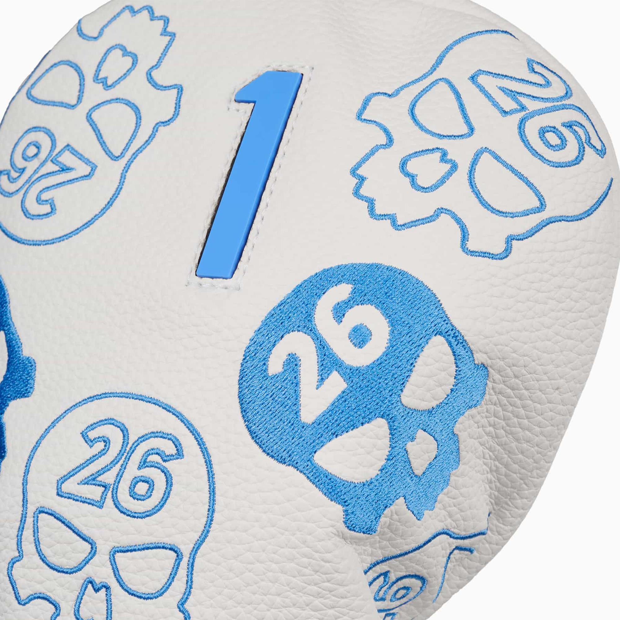 Close-up of PXG logo on Darkness Driver Headcover white and blue