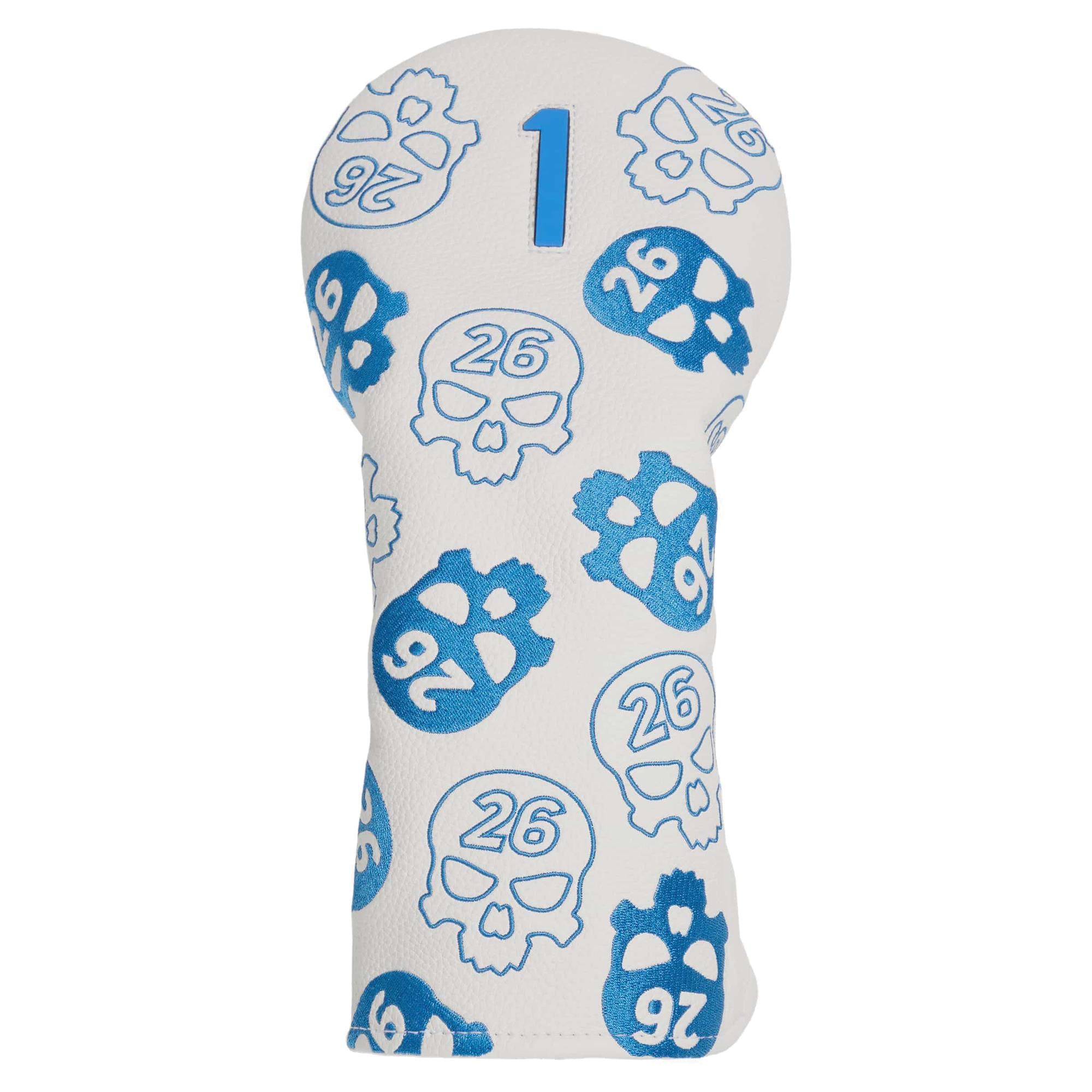 Front view of PXG Darkness Driver Headcover in white and blue design