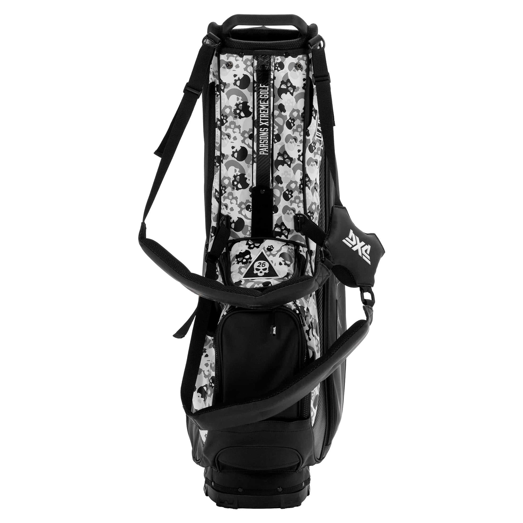Back view highlighting dual padded straps on PXG Darkness Skull Camo Carry Stand Bag