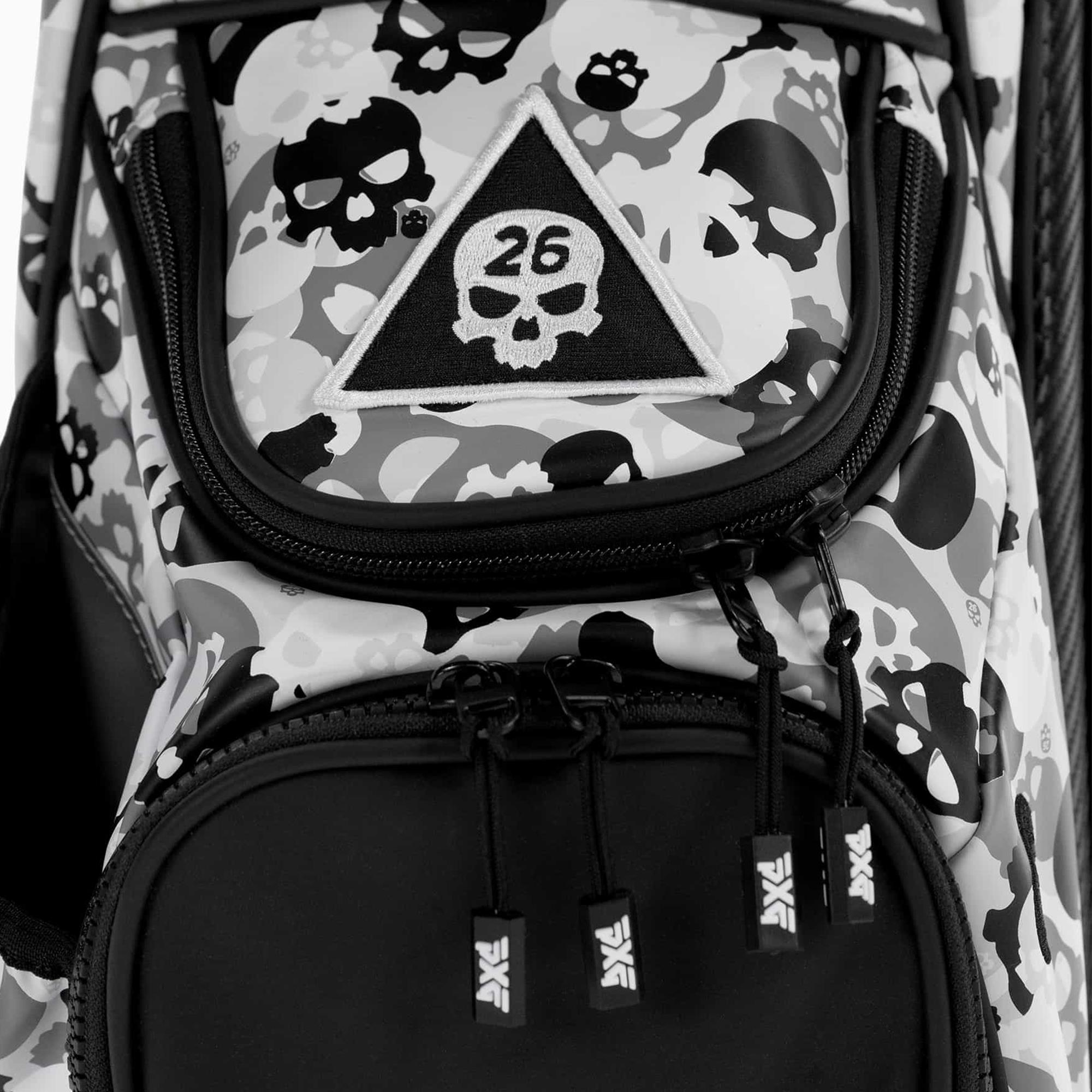 Close-up of PXG logo on Darkness Skull Camo Carry Stand Bag