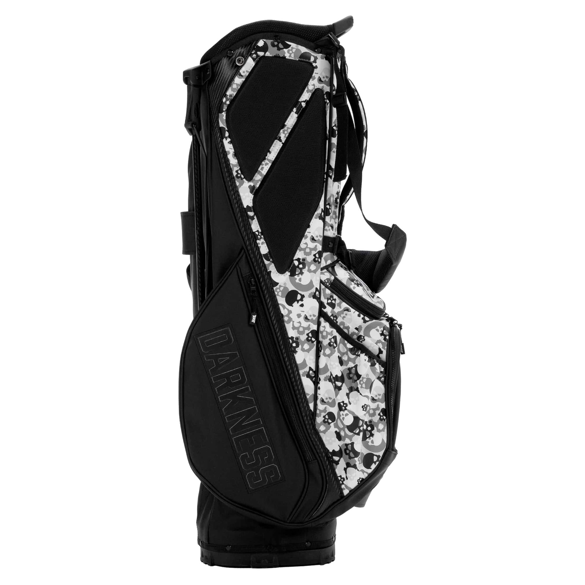 Side view of padded shoulder strap on PXG Darkness Skull Camo Carry Stand Bag