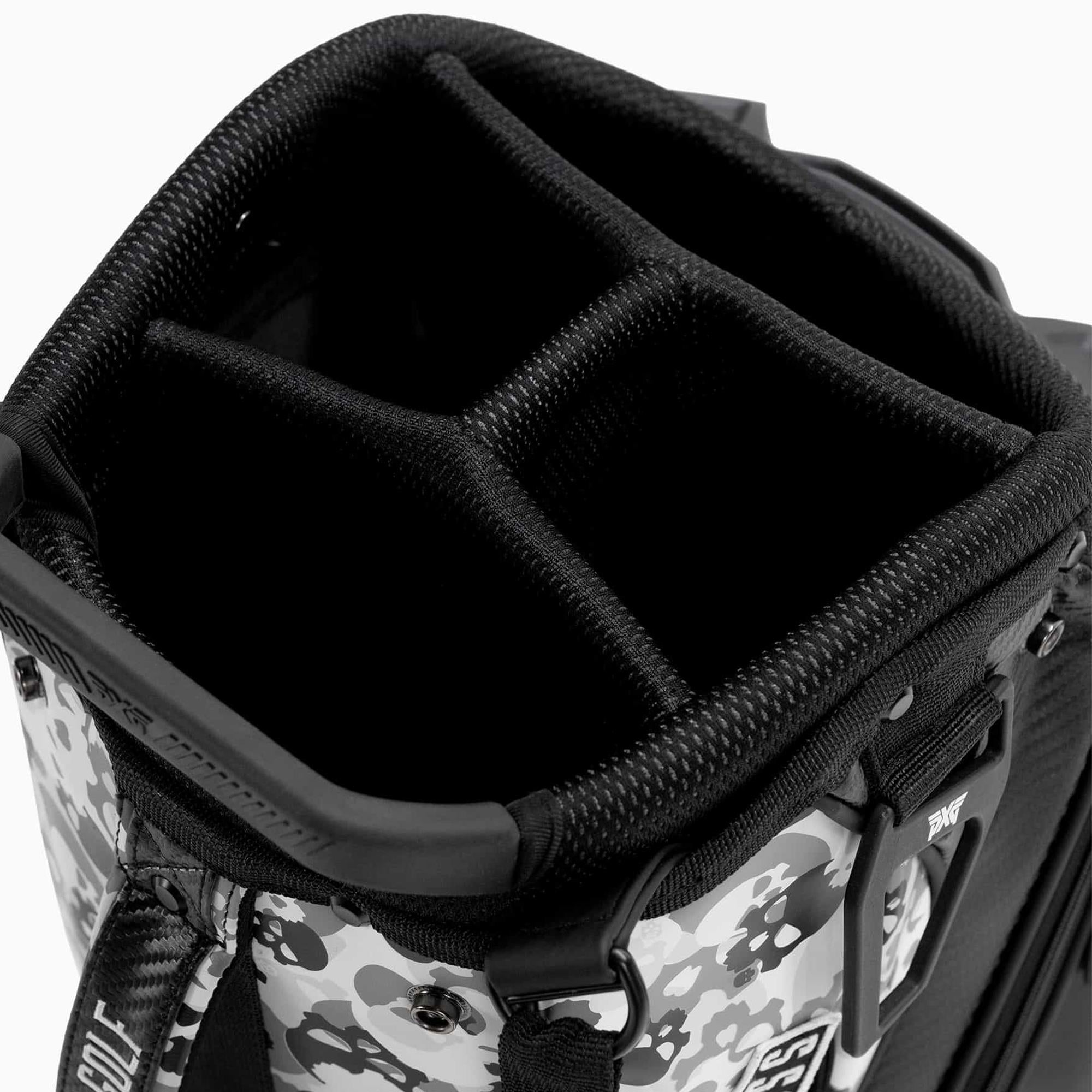 Top view of 4-way full-length dividers in PXG Darkness Skull Camo Carry Stand Bag